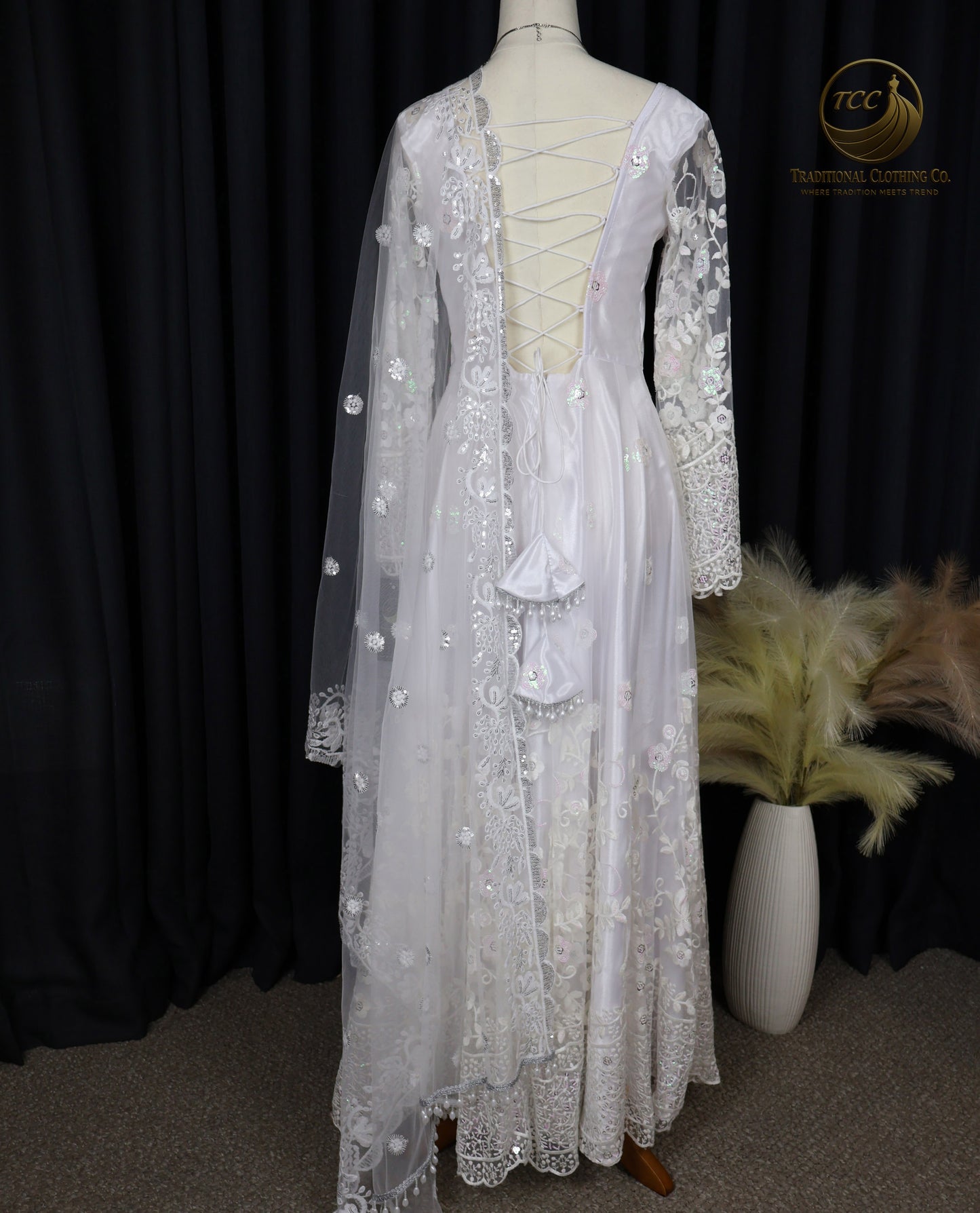 White Lace Embroidered Gown with Sheer Sleeves – Elegant Traditional Wear | Boutique edition