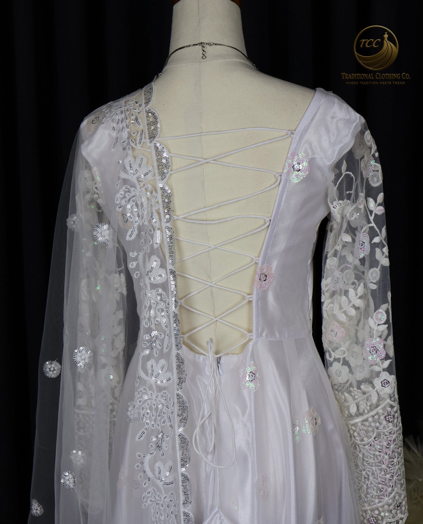 White Lace Embroidered Gown with Sheer Sleeves – Elegant Traditional Wear | Boutique edition