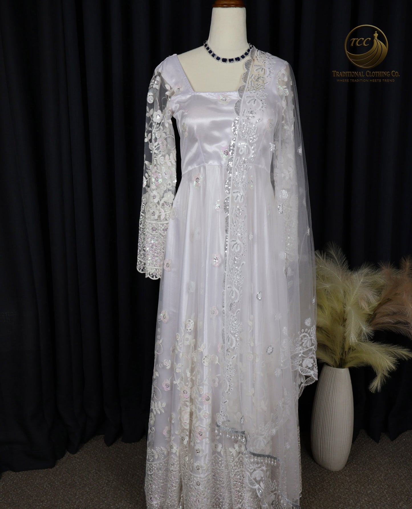 White Lace Embroidered Gown with Sheer Sleeves – Elegant Traditional Wear | Boutique edition