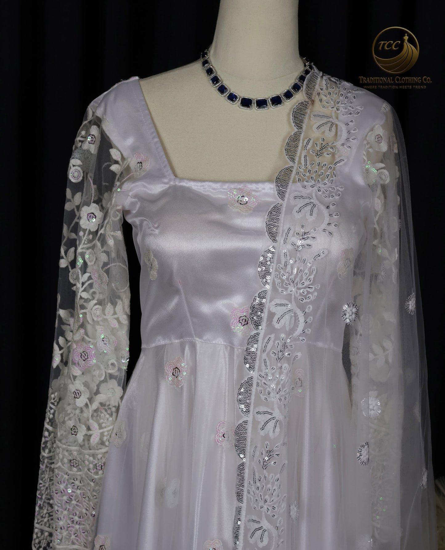 White Lace Embroidered Gown with Sheer Sleeves – Elegant Traditional Wear | Boutique edition