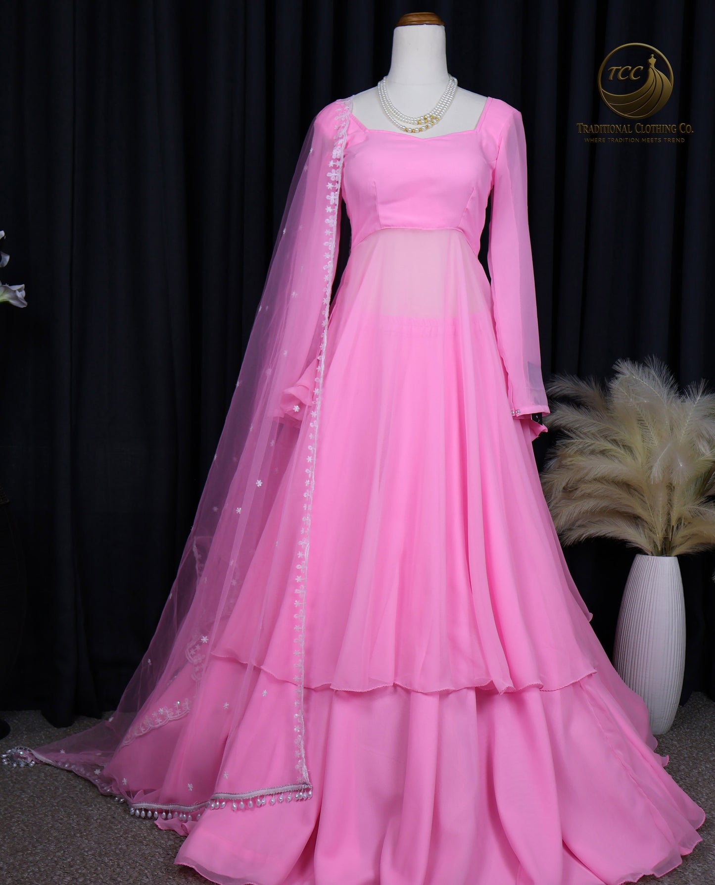 Pink Layered Lehenga Choli with Sheer Dupatta – Elegant Traditional Wear