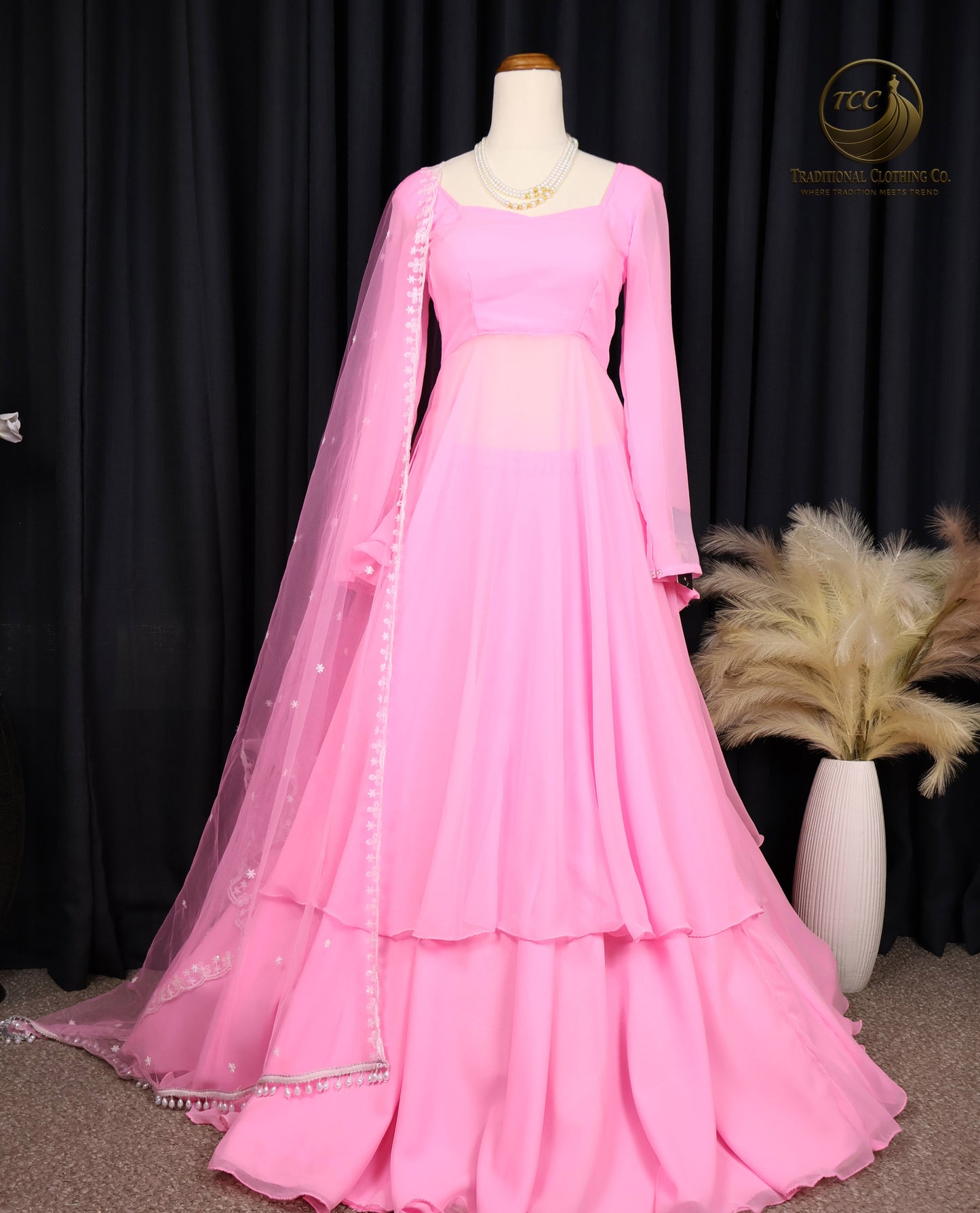 Pink Layered Lehenga Choli with Sheer Dupatta – Elegant Traditional Wear