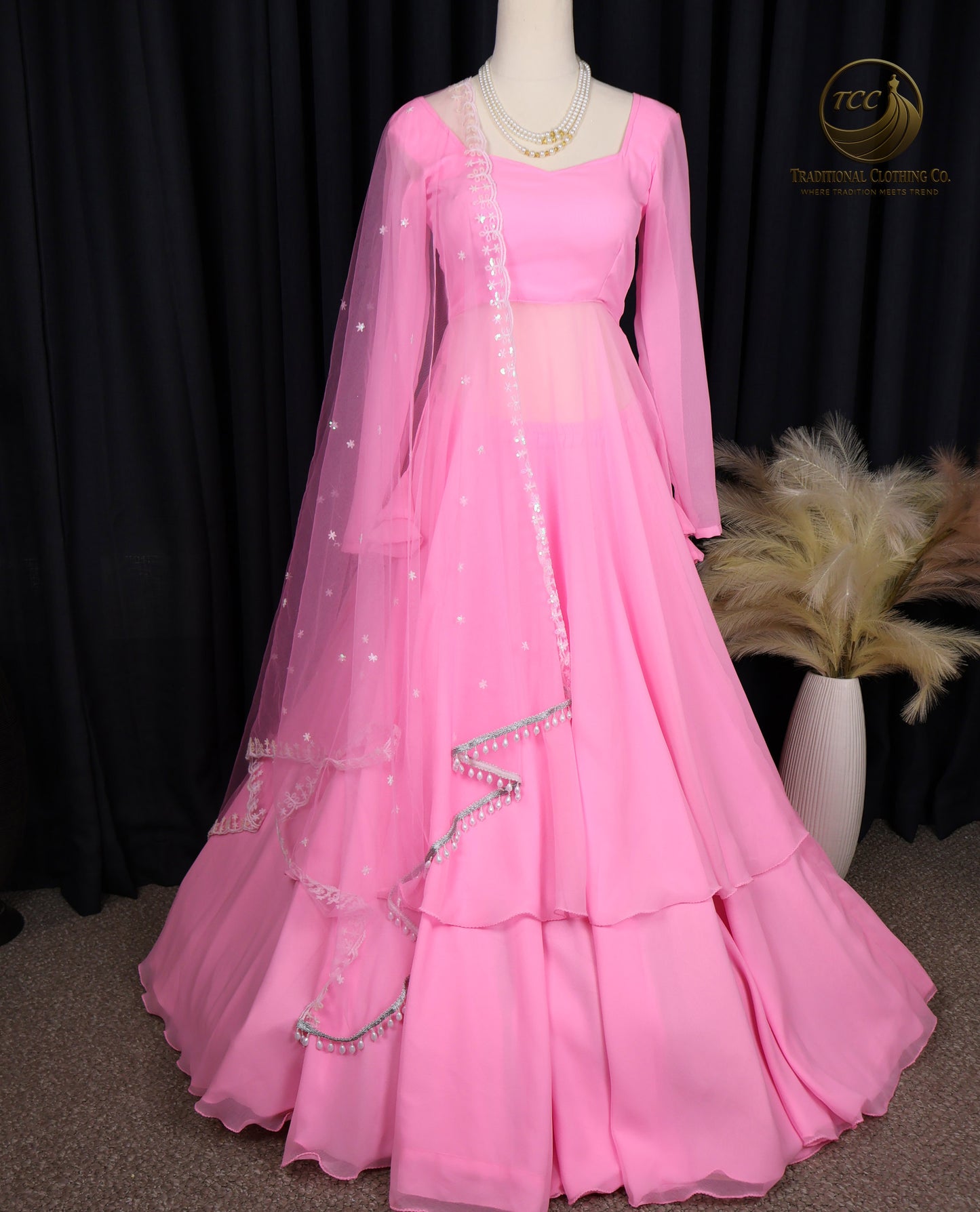 Pink Layered Lehenga Choli with Sheer Dupatta – Elegant Traditional Wear