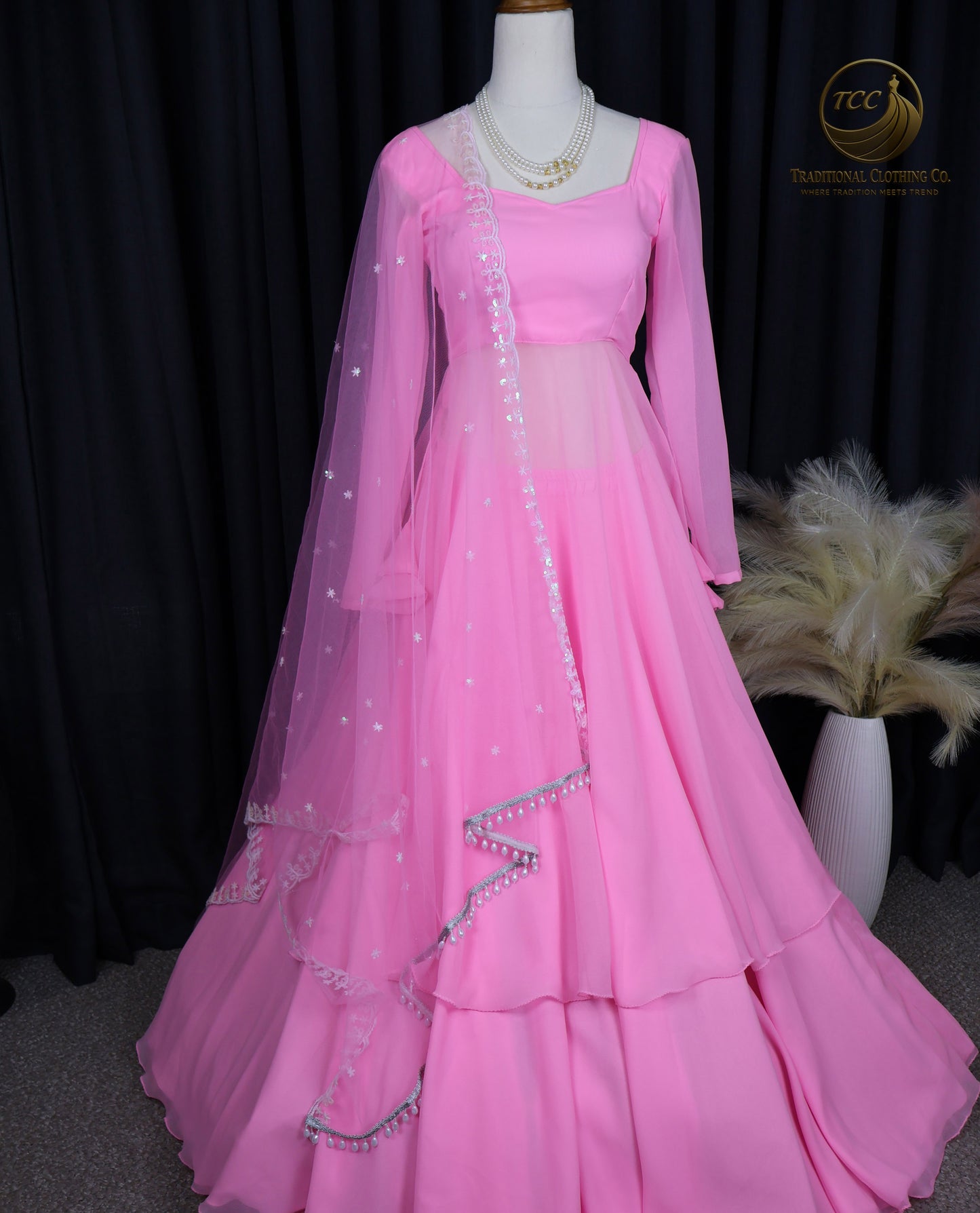 Pink Layered Lehenga Choli with Sheer Dupatta – Elegant Traditional Wear