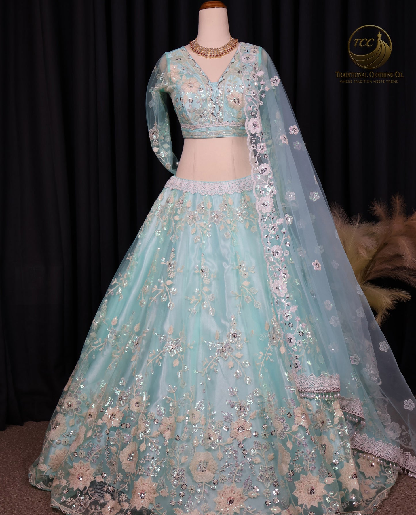 Light Blue Embroidered Lehenga Choli with Sheer Dupatta – Elegant Traditional Wear