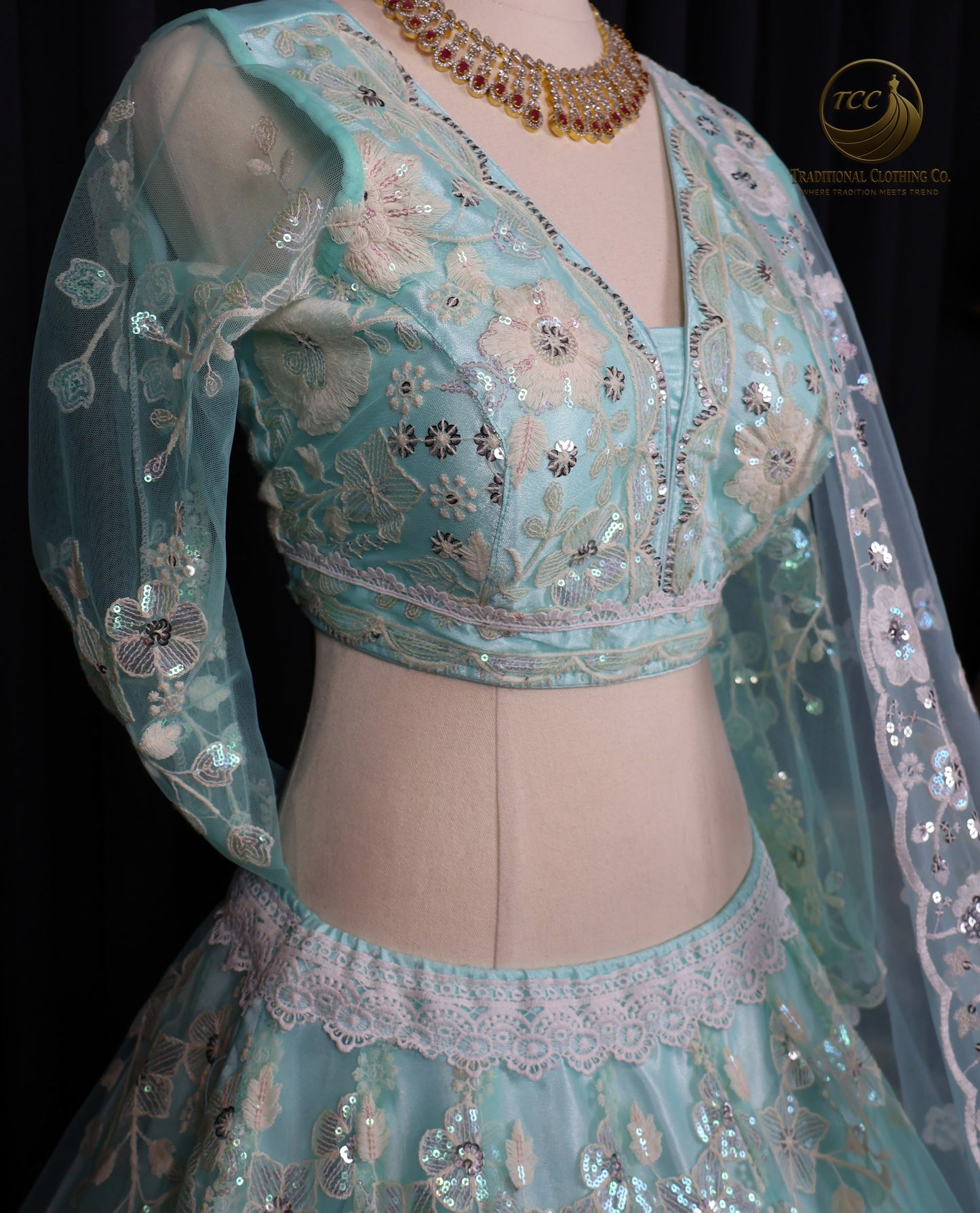 Light Blue Embroidered Lehenga Choli with Sheer Dupatta – Elegant Traditional Wear