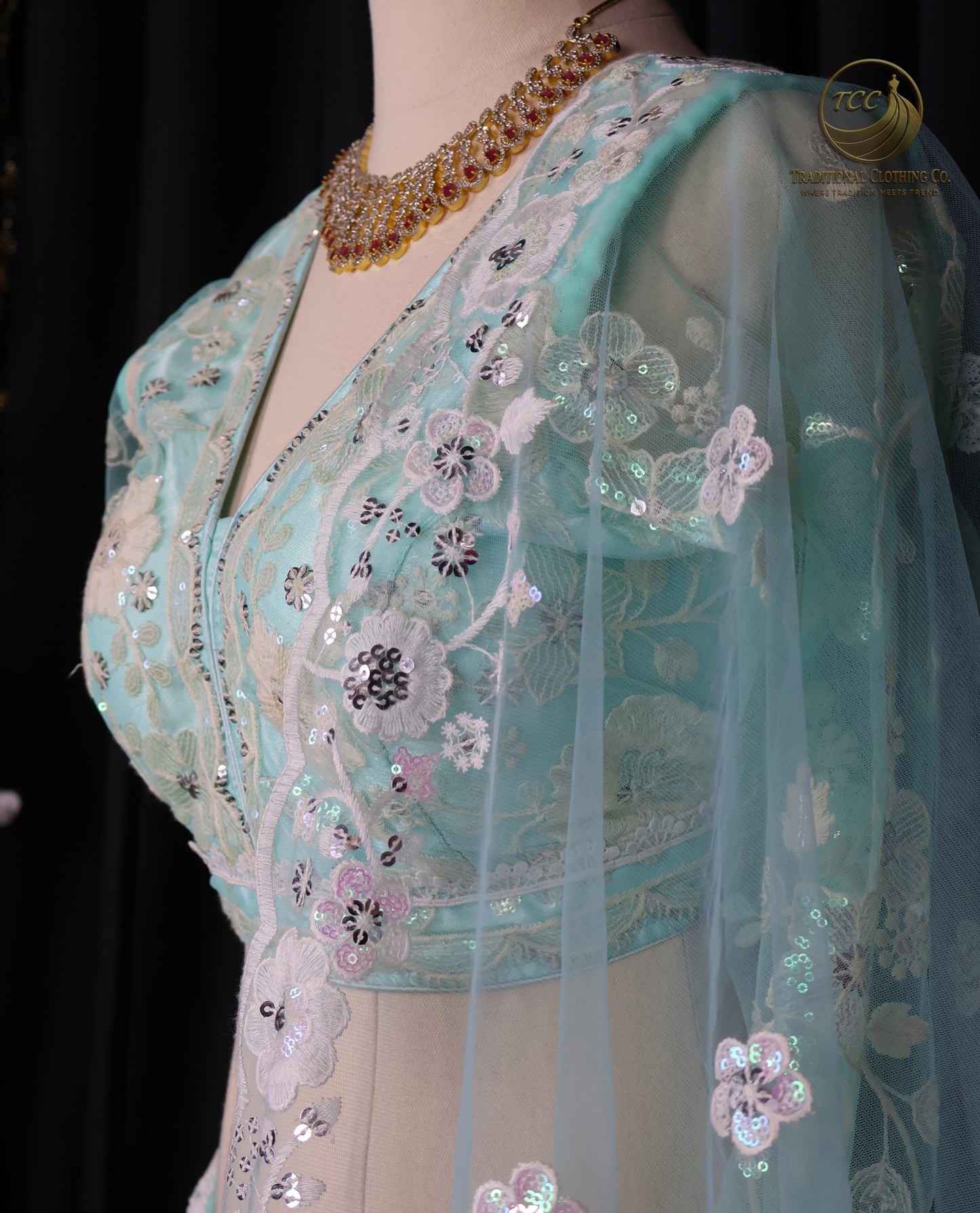 Light Blue Embroidered Lehenga Choli with Sheer Dupatta – Elegant Traditional Wear