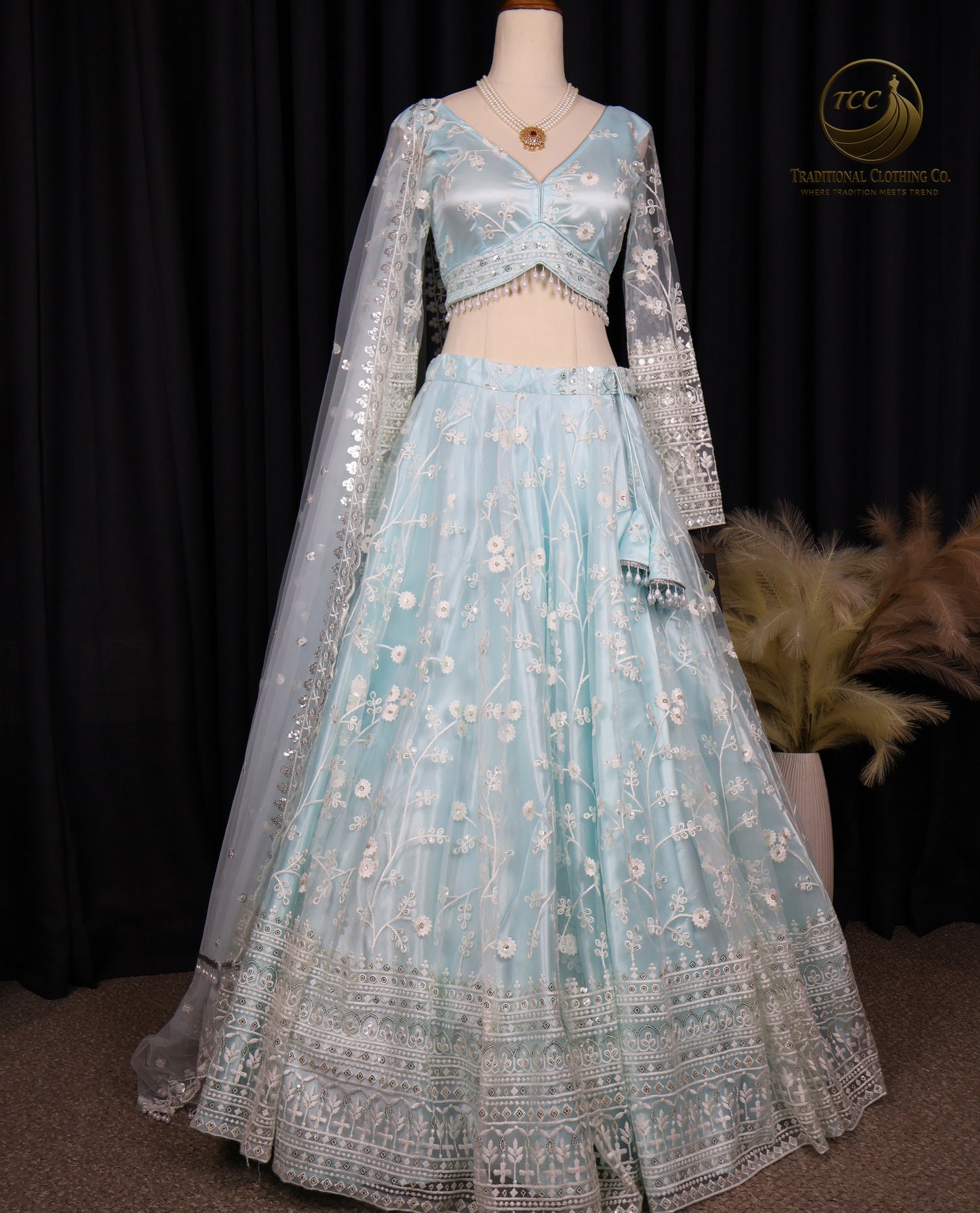 Light Blue Floral Embroidered Lehenga Choli with Sheer Dupatta – Elegant Traditional Wear