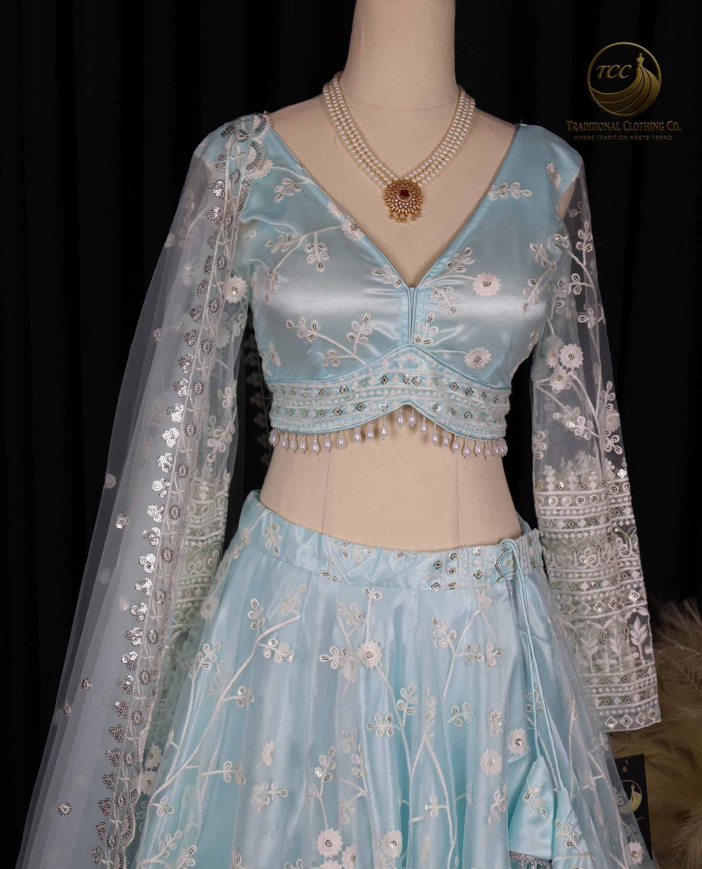 Light Blue Floral Embroidered Lehenga Choli with Sheer Dupatta – Elegant Traditional Wear
