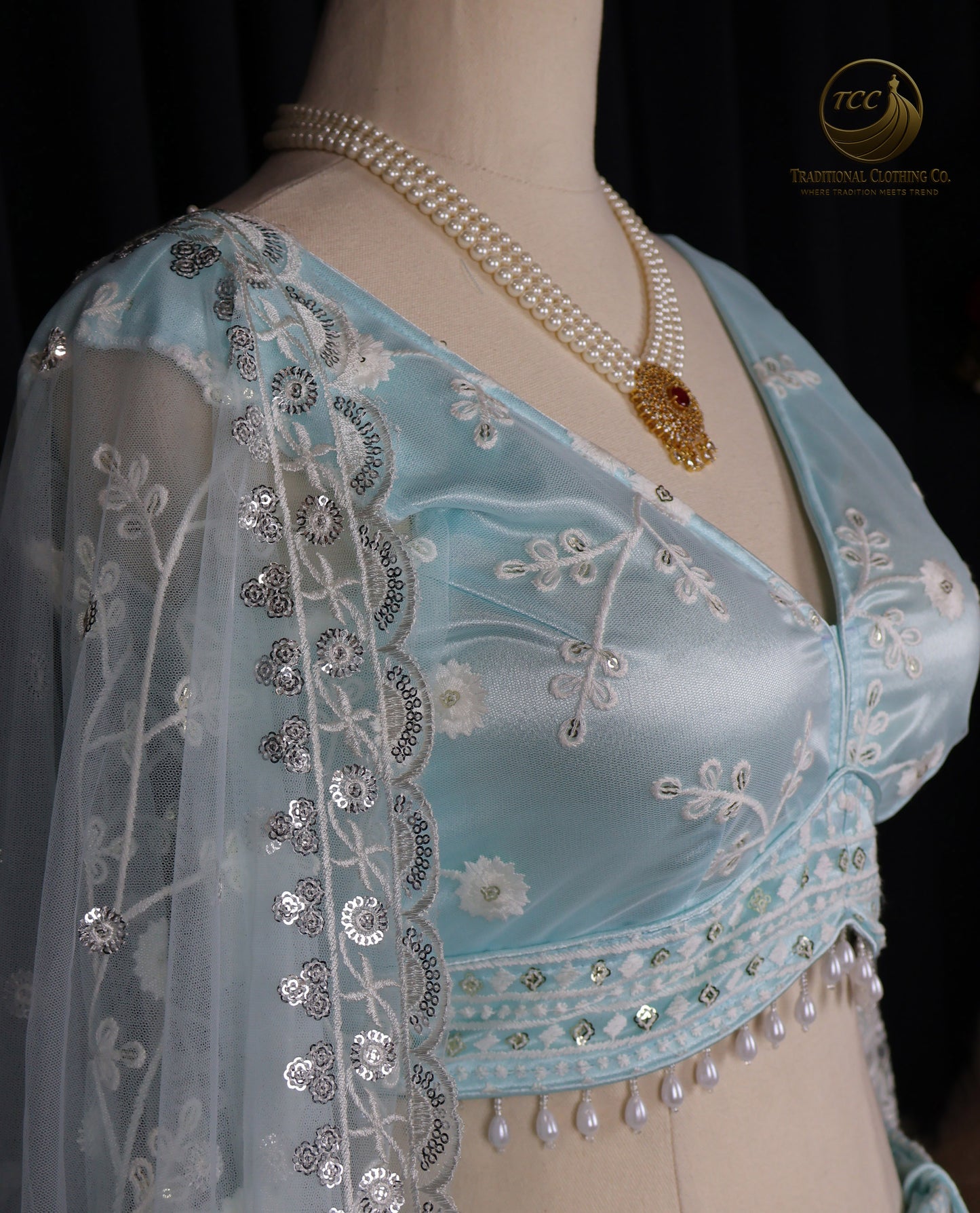 Light Blue Floral Embroidered Lehenga Choli with Sheer Dupatta – Elegant Traditional Wear