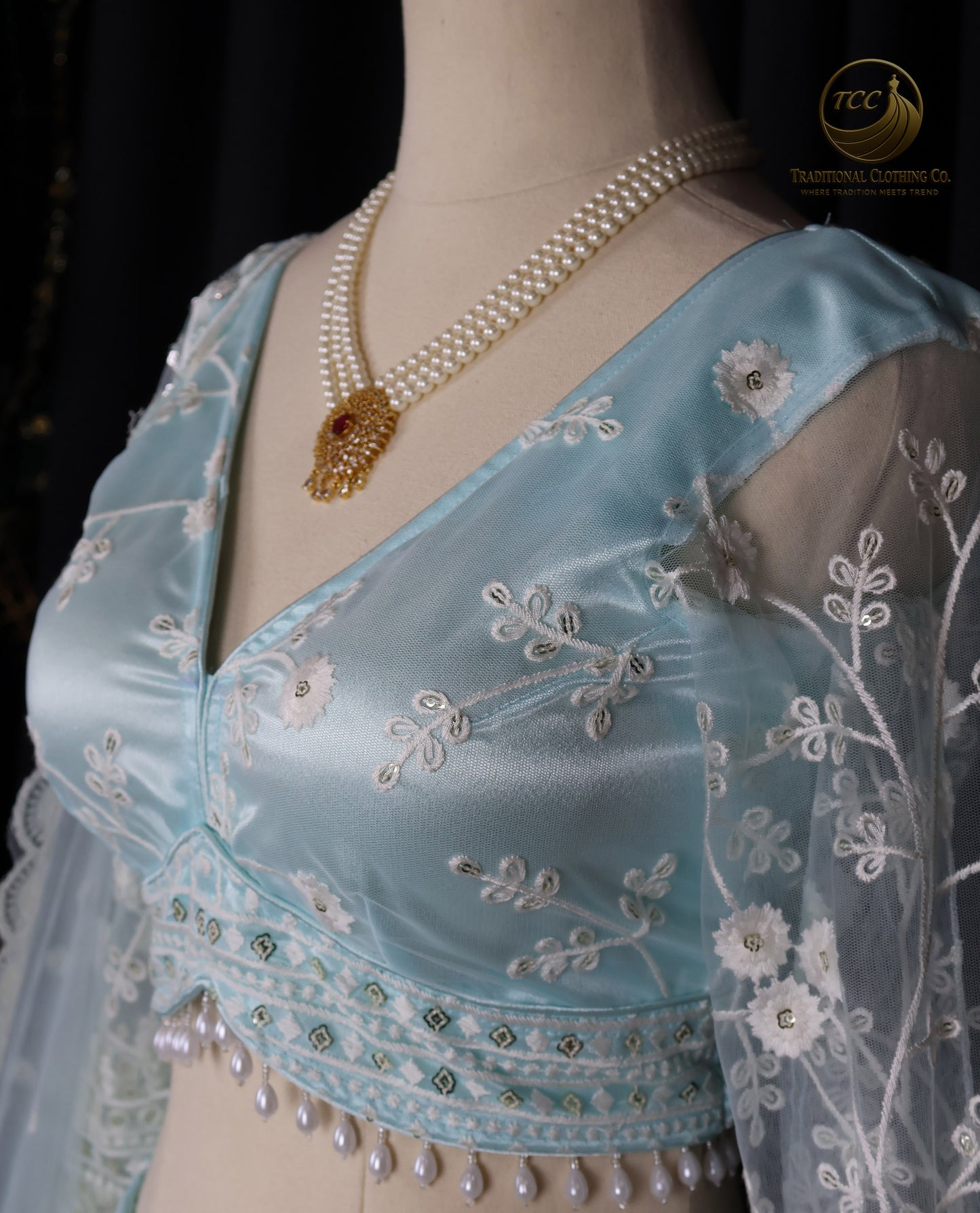 Light Blue Floral Embroidered Lehenga Choli with Sheer Dupatta – Elegant Traditional Wear