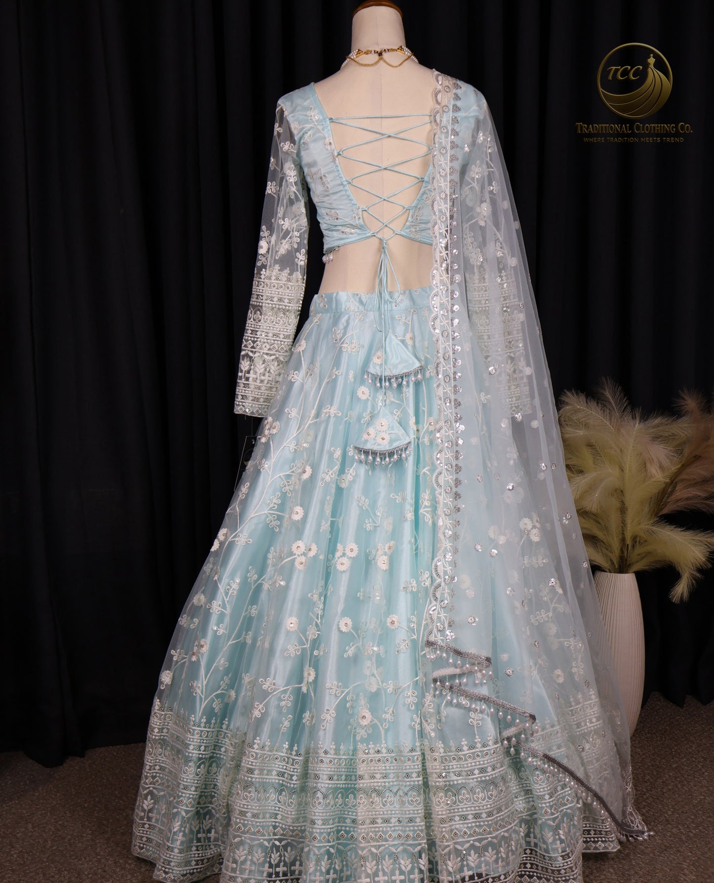 Light Blue Floral Embroidered Lehenga Choli with Sheer Dupatta – Elegant Traditional Wear