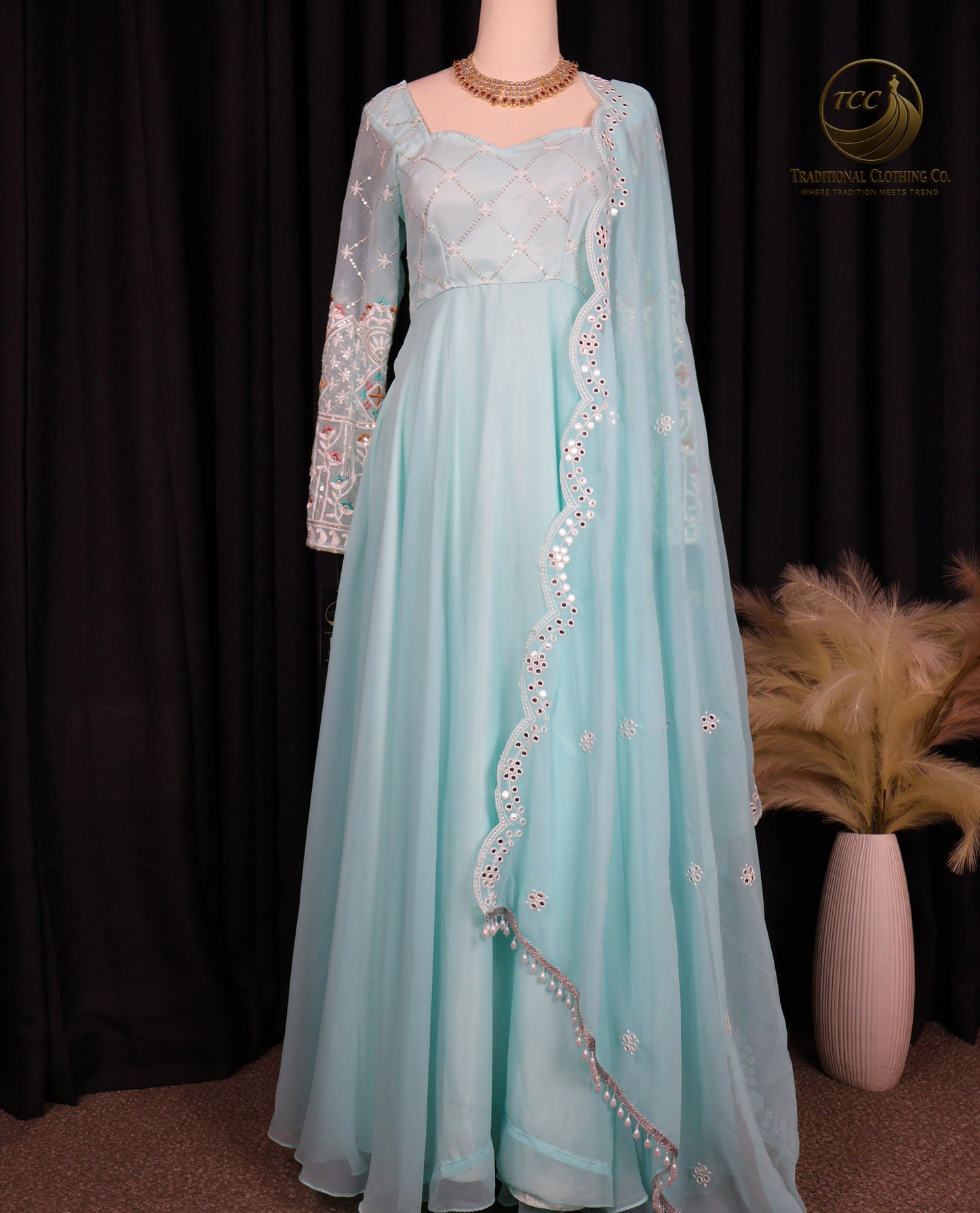 Light Blue Floral Embroidered Lehenga Choli with Sheer Dupatta – Elegant Traditional Wear