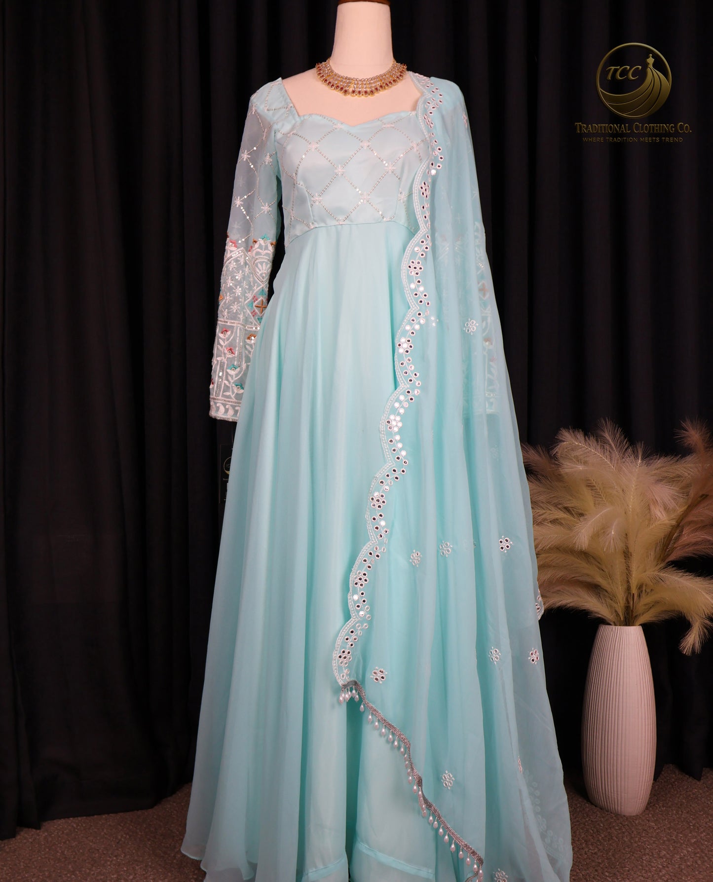 Light Blue Floral Embroidered Lehenga Choli with Sheer Dupatta – Elegant Traditional Wear