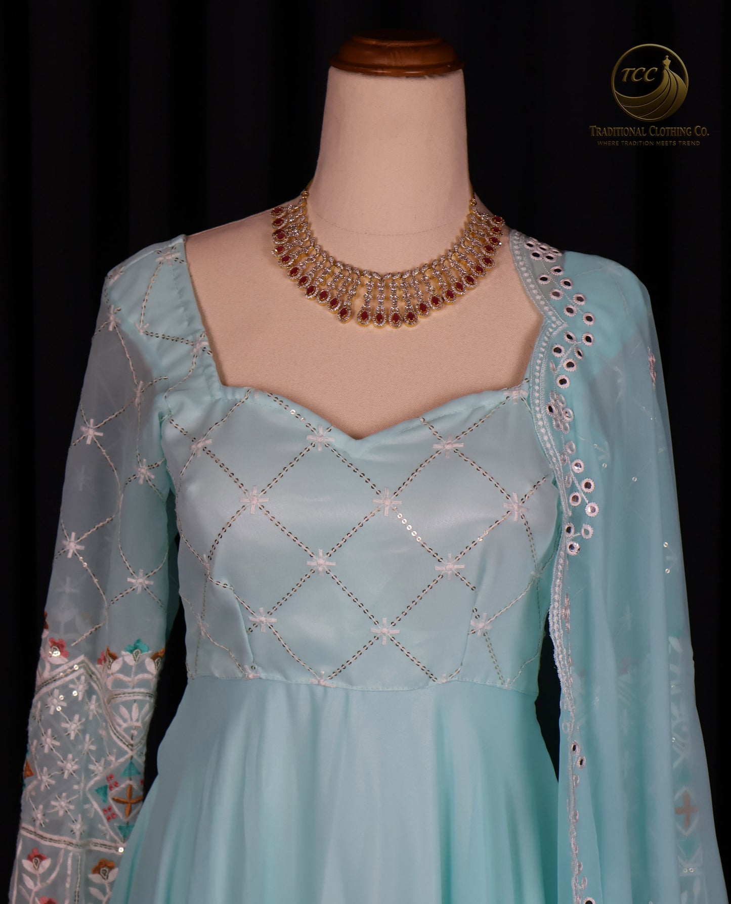 Light Blue Floral Embroidered Lehenga Choli with Sheer Dupatta – Elegant Traditional Wear