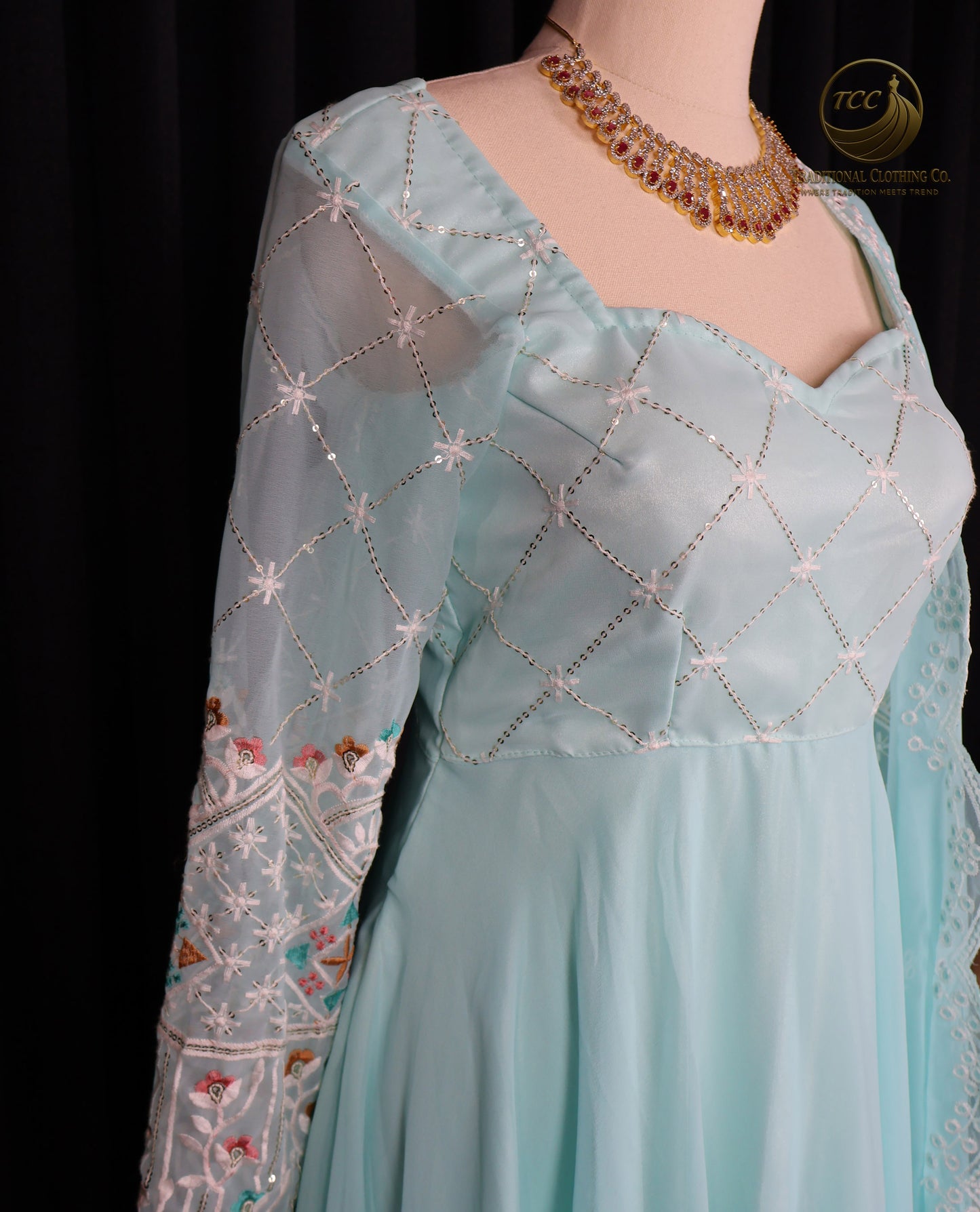 Light Blue Floral Embroidered Lehenga Choli with Sheer Dupatta – Elegant Traditional Wear