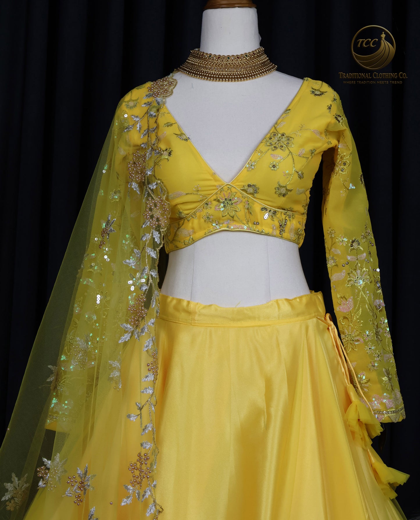 Yellow Floral Embroidered Lehenga Choli with Sheer Dupatta – Elegant Traditional Wear