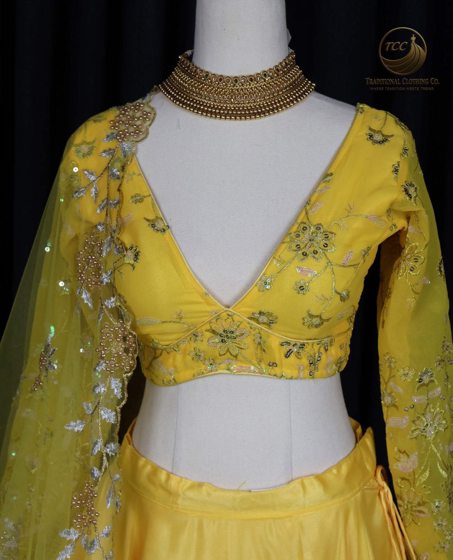 Yellow Floral Embroidered Lehenga Choli with Sheer Dupatta – Elegant Traditional Wear