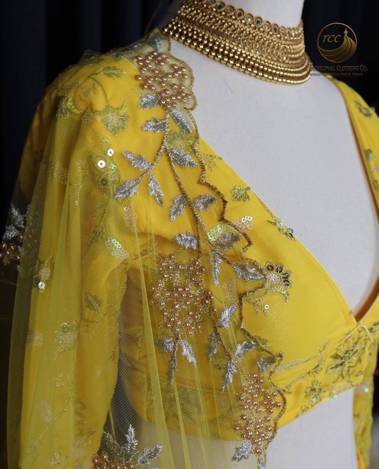 Yellow Floral Embroidered Lehenga Choli with Sheer Dupatta – Elegant Traditional Wear