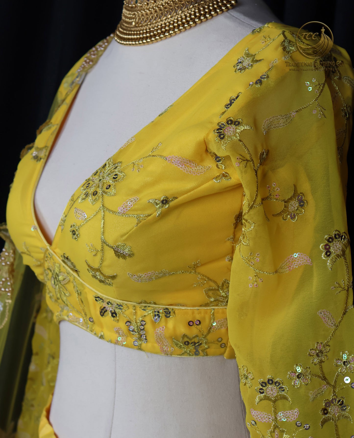 Yellow Floral Embroidered Lehenga Choli with Sheer Dupatta – Elegant Traditional Wear