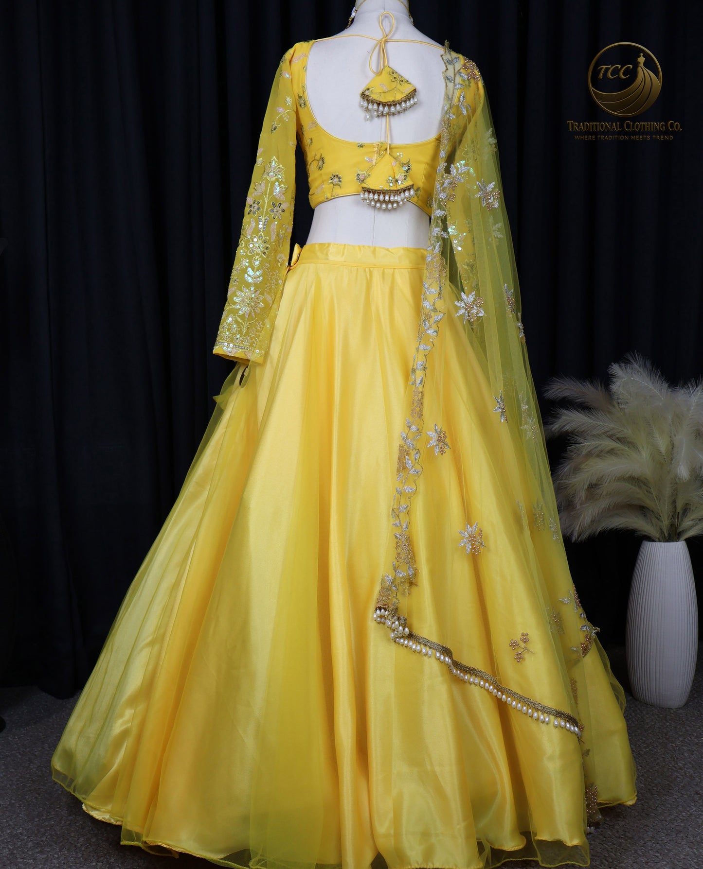 Yellow Floral Embroidered Lehenga Choli with Sheer Dupatta – Elegant Traditional Wear
