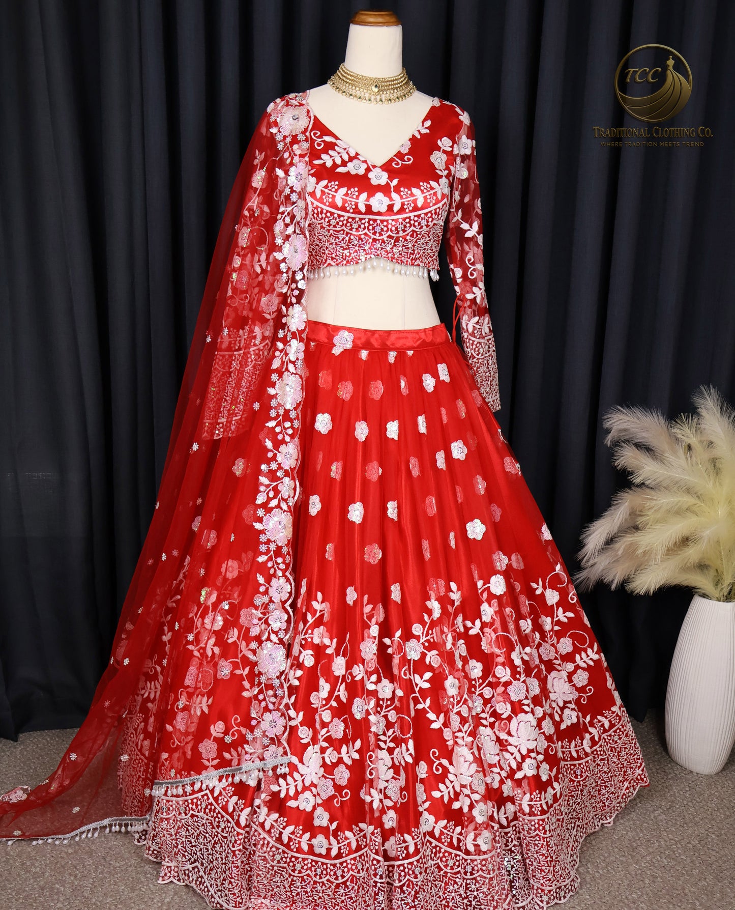 tunning Red Embroidered Lehenga Choli with Lace-Up Back & Sheer Dupatta – Festive & Traditional Wear