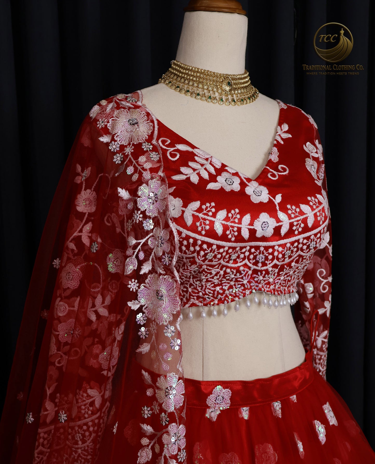 tunning Red Embroidered Lehenga Choli with Lace-Up Back & Sheer Dupatta – Festive & Traditional Wear