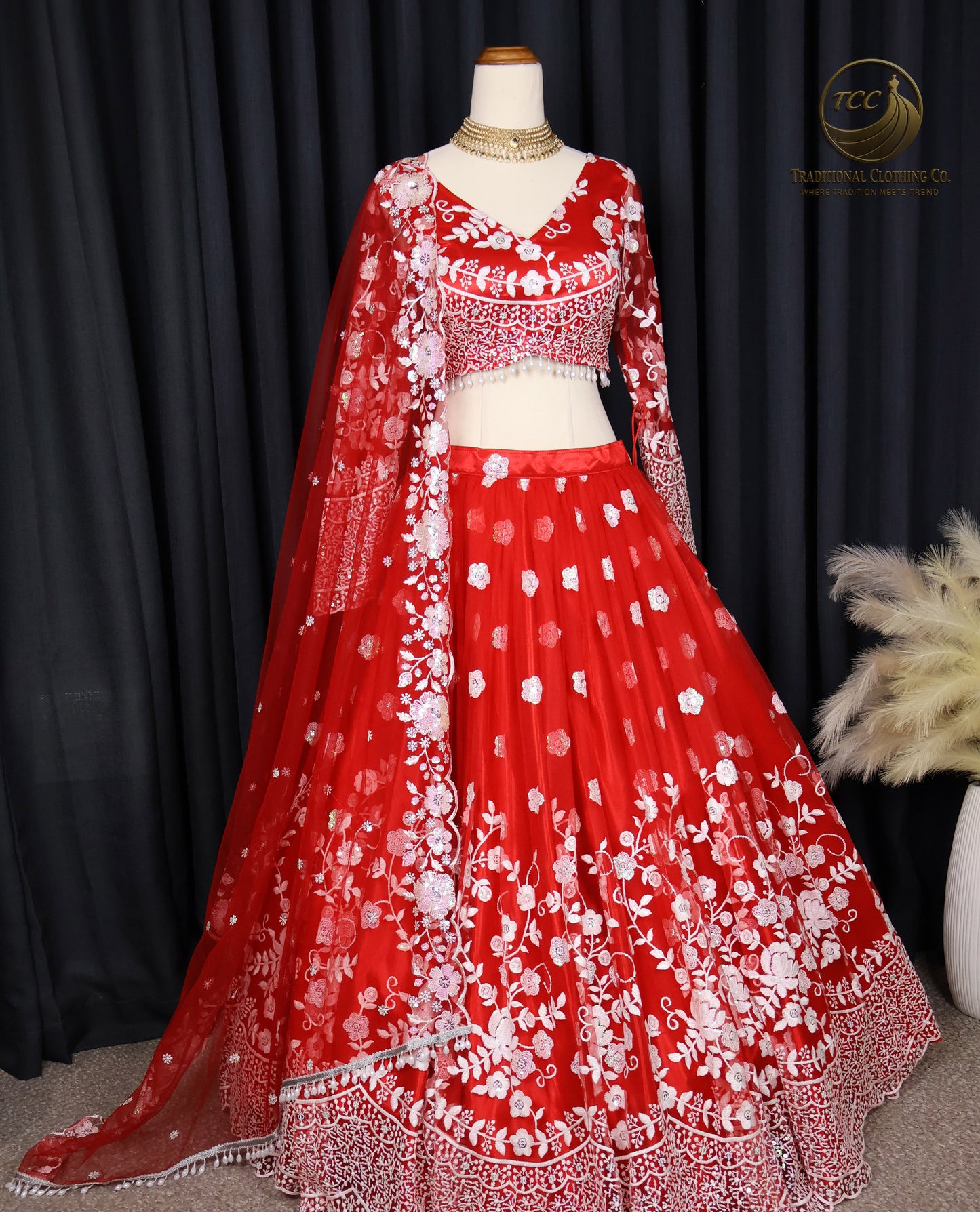 tunning Red Embroidered Lehenga Choli with Lace-Up Back & Sheer Dupatta – Festive & Traditional Wear