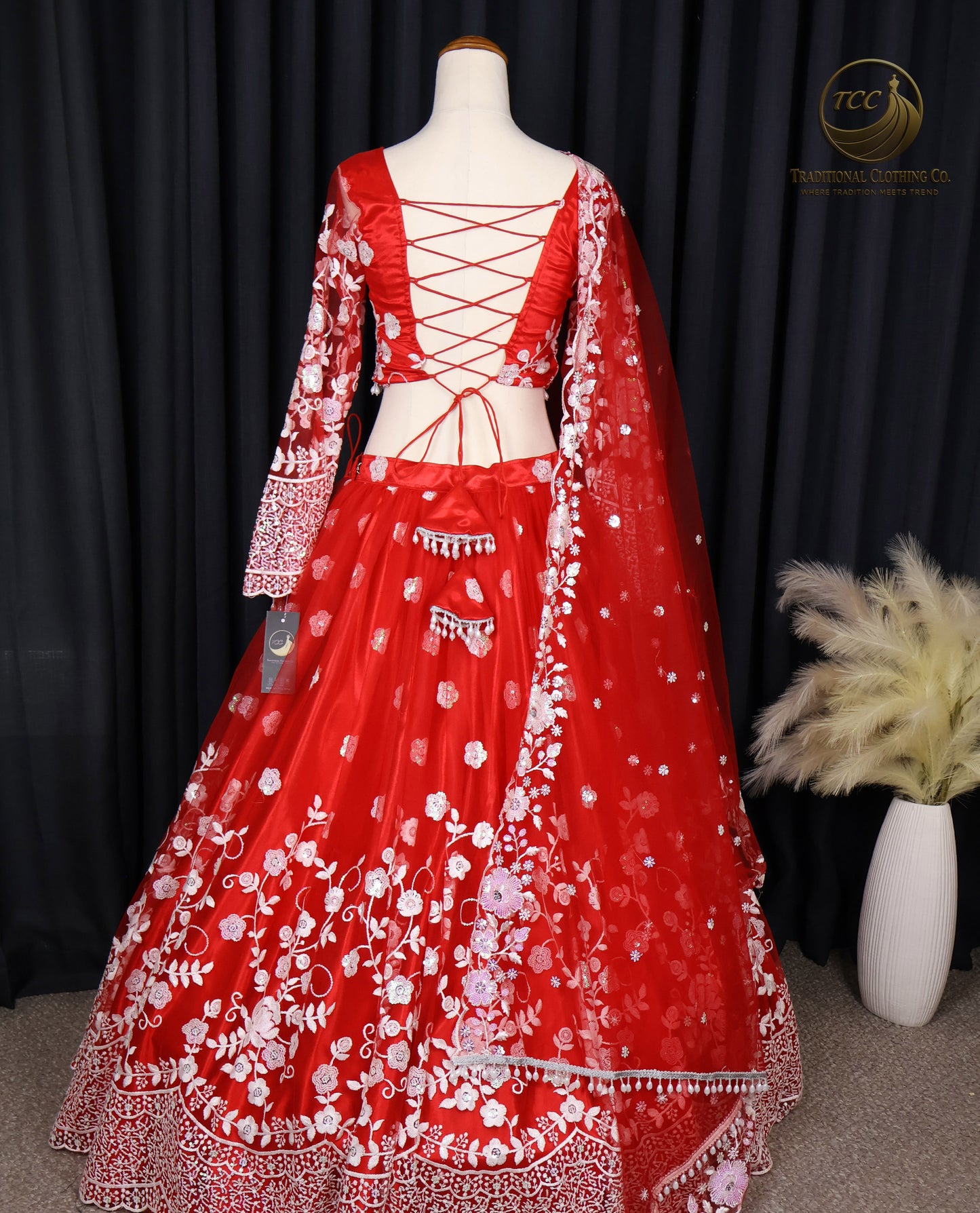 tunning Red Embroidered Lehenga Choli with Lace-Up Back & Sheer Dupatta – Festive & Traditional Wear
