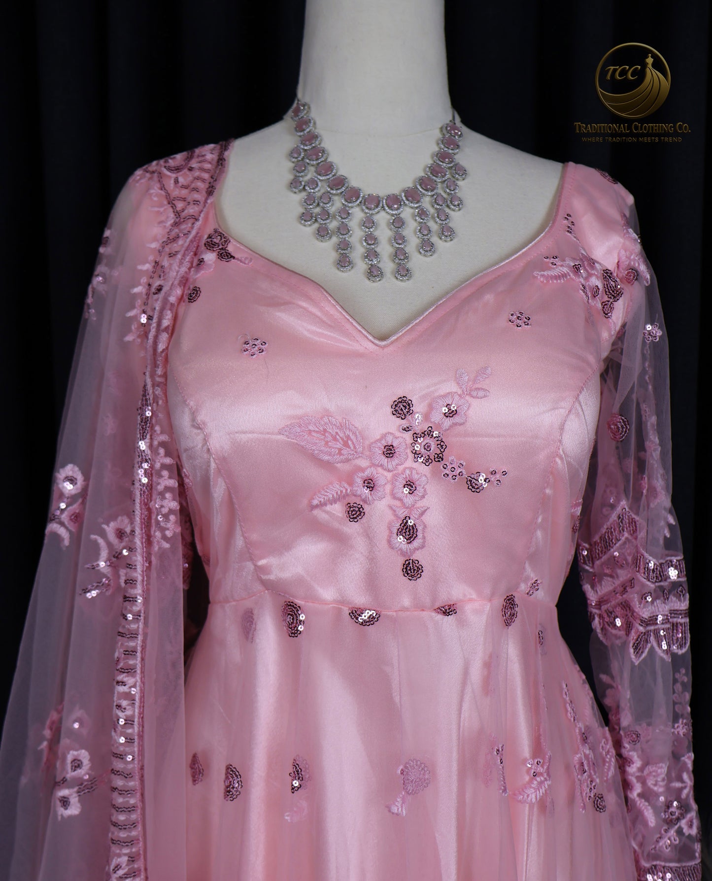 Elegant Pink Embroidered Gown with Crisscross Tie-Up Back & Sheer Dupatta – Festive & Traditional Wear | Boutique Edition