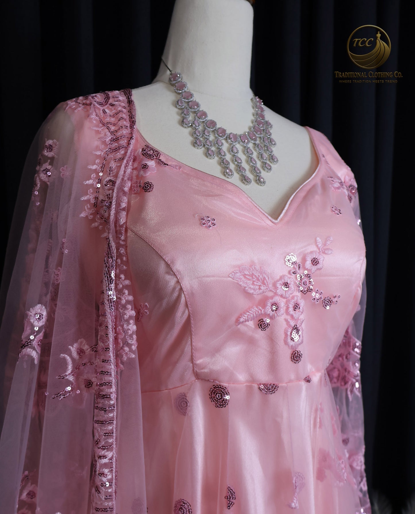 Elegant Pink Embroidered Gown with Crisscross Tie-Up Back & Sheer Dupatta – Festive & Traditional Wear | Boutique Edition