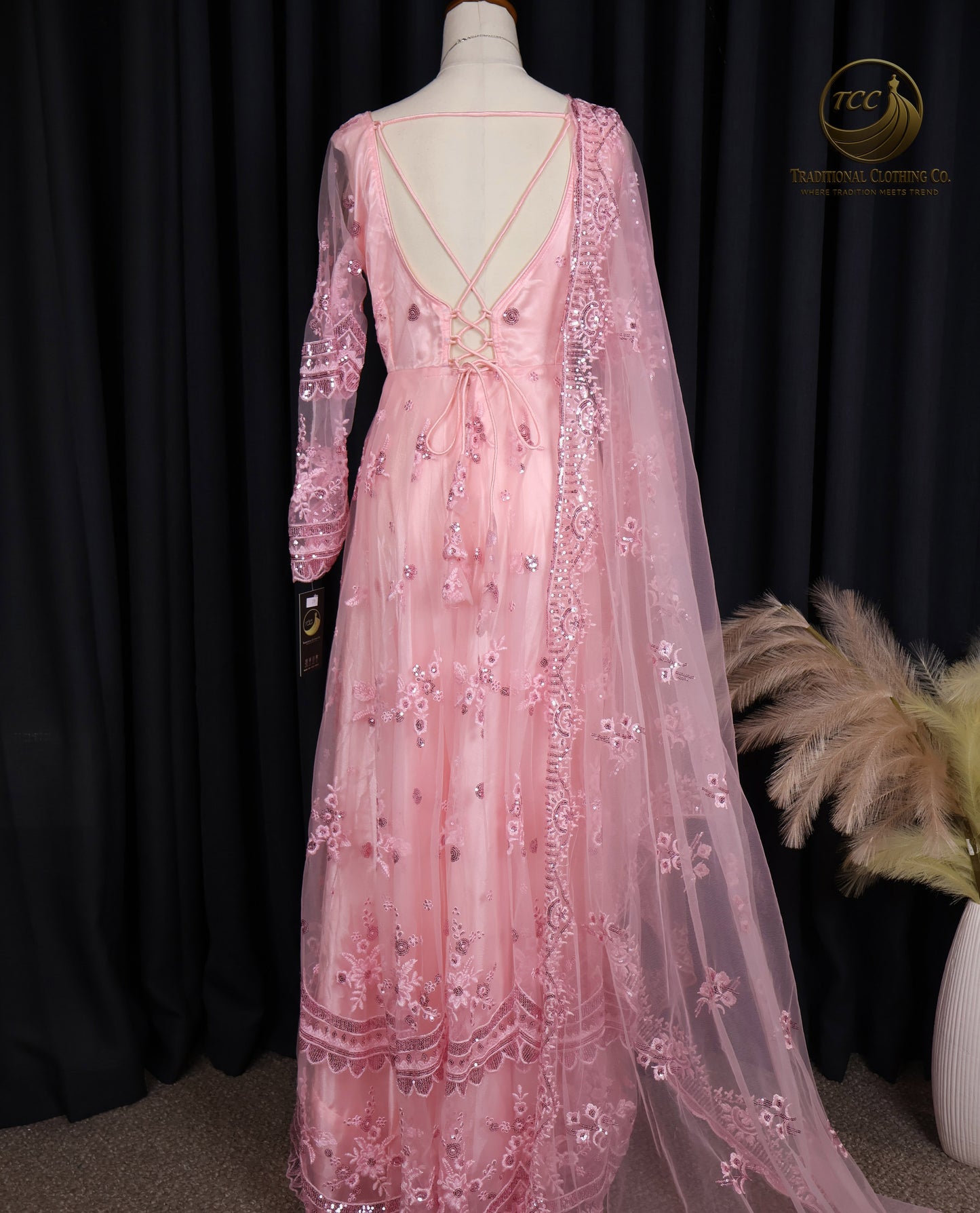 Elegant Pink Embroidered Gown with Crisscross Tie-Up Back & Sheer Dupatta – Festive & Traditional Wear | Boutique Edition