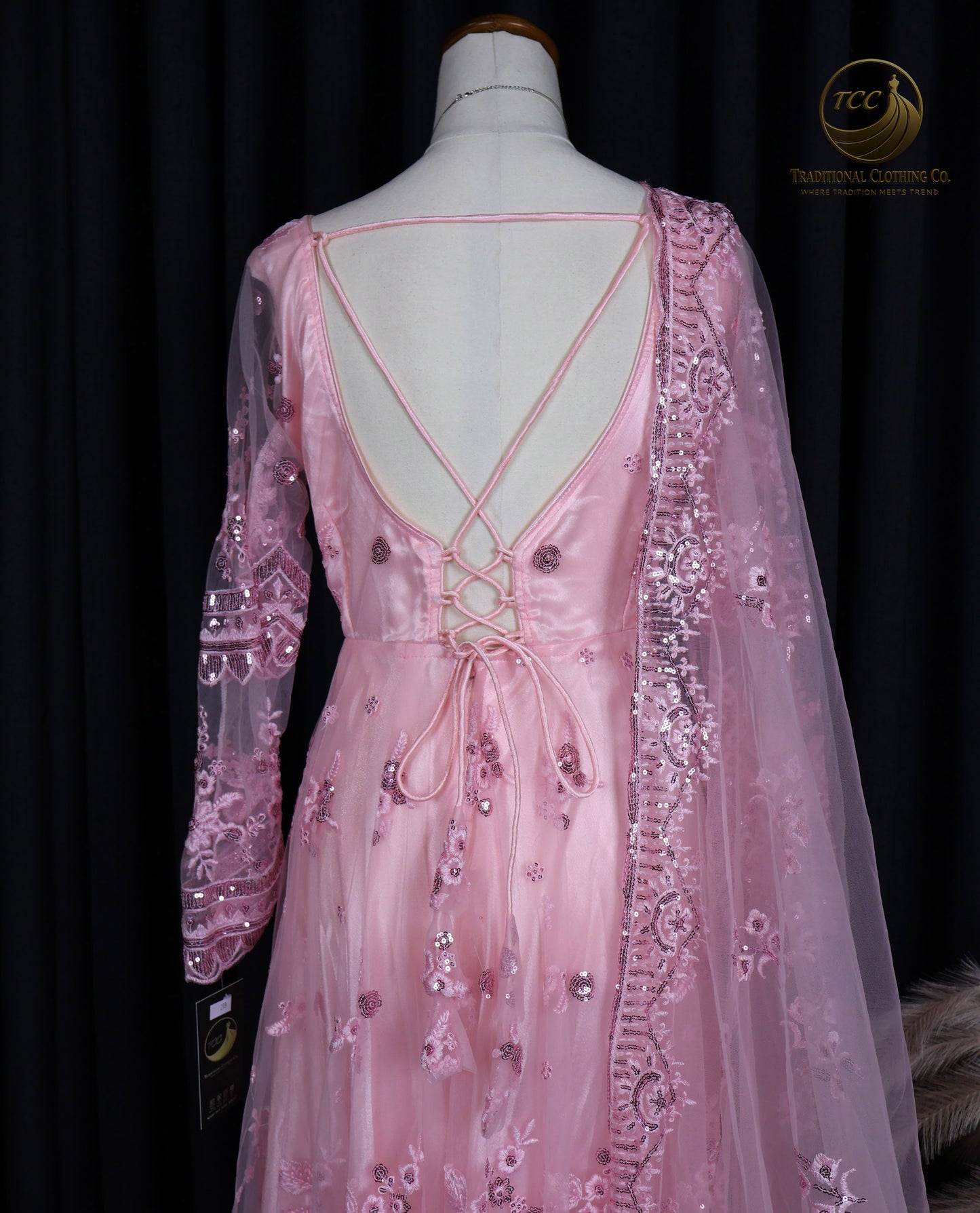 Elegant Pink Embroidered Gown with Crisscross Tie-Up Back & Sheer Dupatta – Festive & Traditional Wear | Boutique Edition