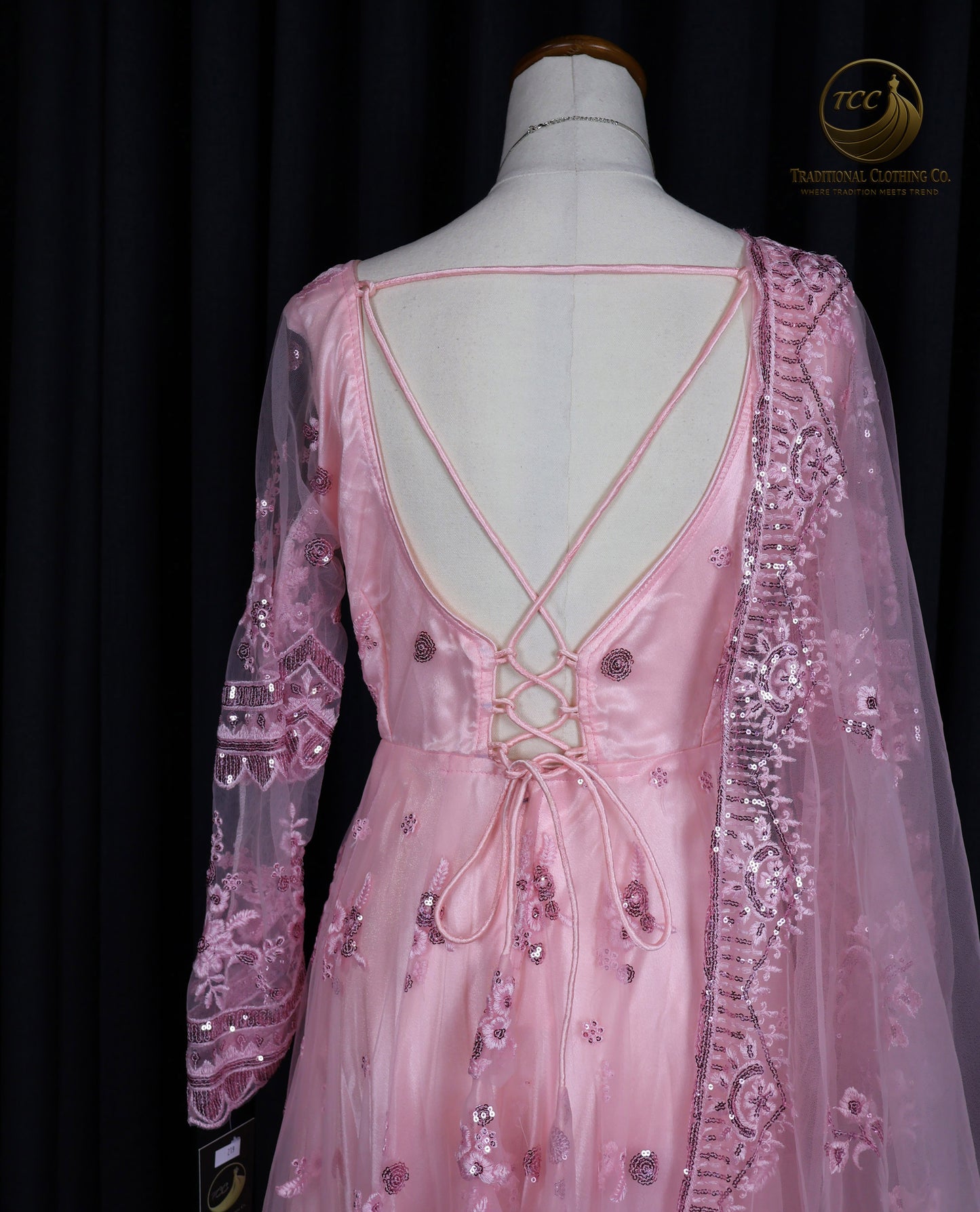 Elegant Pink Embroidered Gown with Crisscross Tie-Up Back & Sheer Dupatta – Festive & Traditional Wear | Boutique Edition