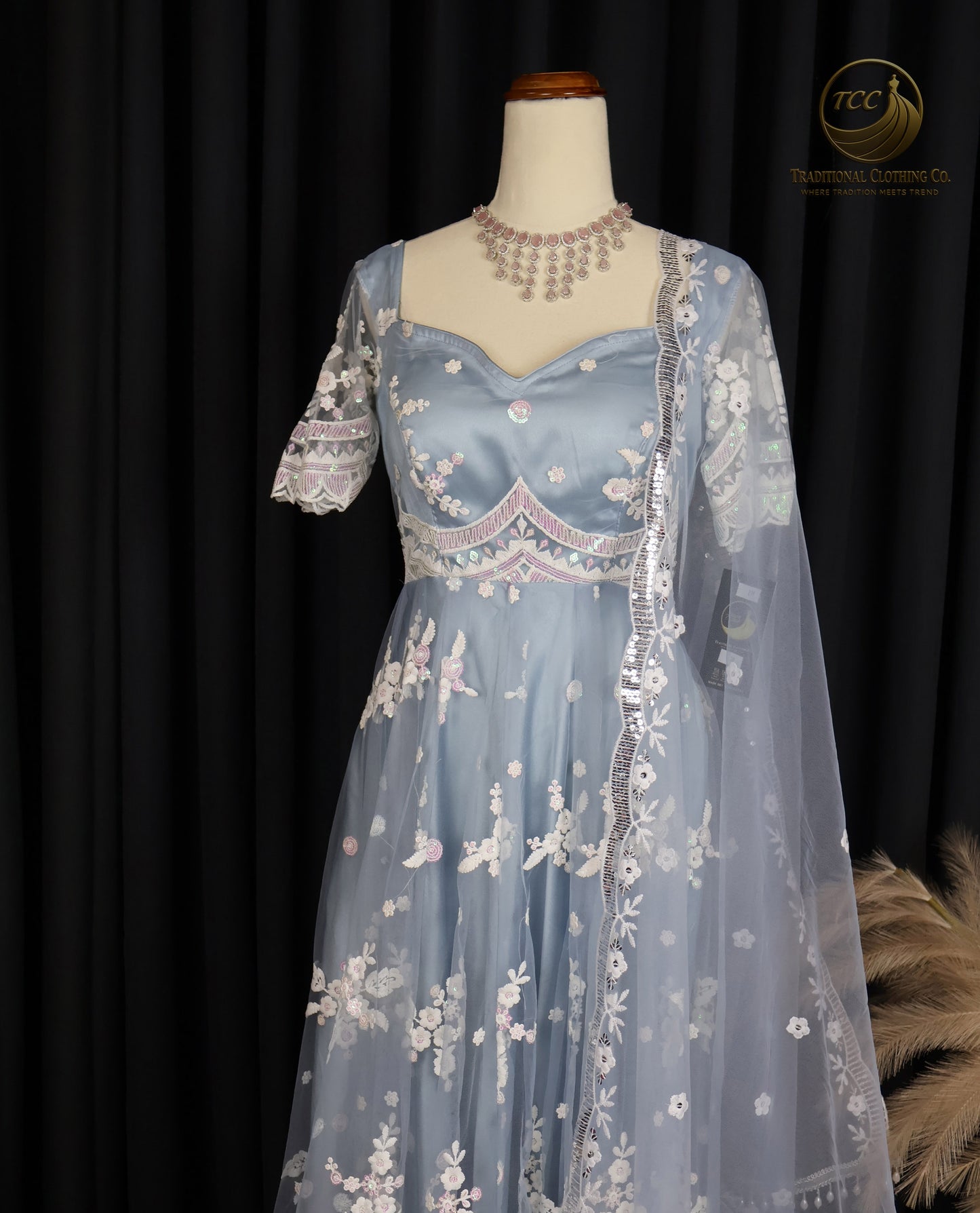 Ethereal Light Blue Embroidered Gown with Sheer Dupatta & Cut-Out Back – Festive & Traditional Wear | Boutique Edition