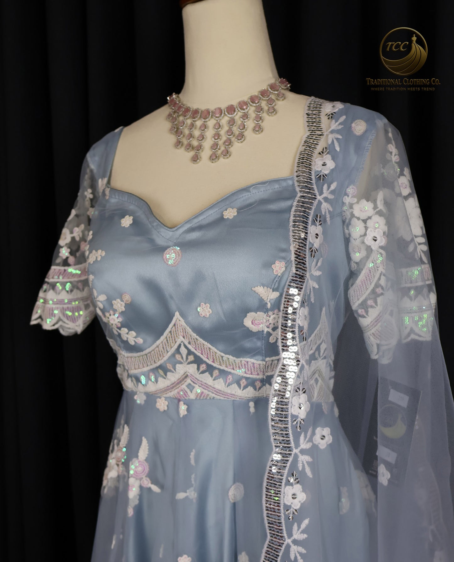 Ethereal Light Blue Embroidered Gown with Sheer Dupatta & Cut-Out Back – Festive & Traditional Wear | Boutique Edition