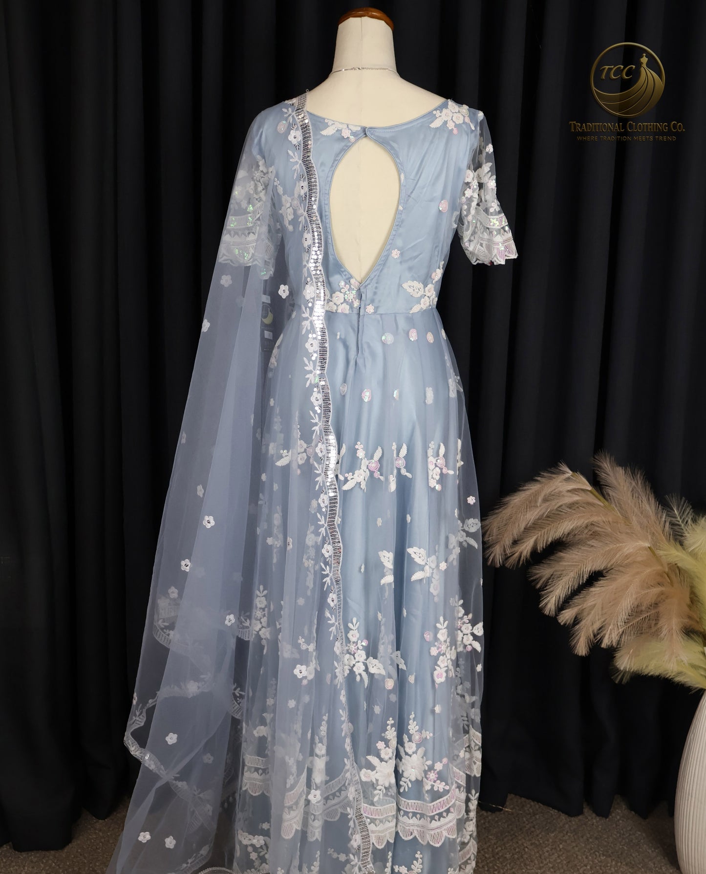 Ethereal Light Blue Embroidered Gown with Sheer Dupatta & Cut-Out Back – Festive & Traditional Wear | Boutique Edition