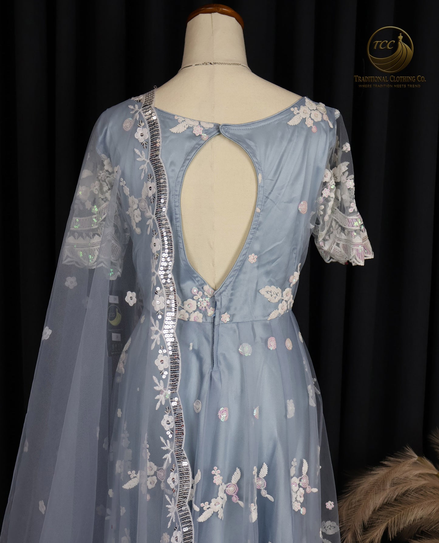 Ethereal Light Blue Embroidered Gown with Sheer Dupatta & Cut-Out Back – Festive & Traditional Wear | Boutique Edition