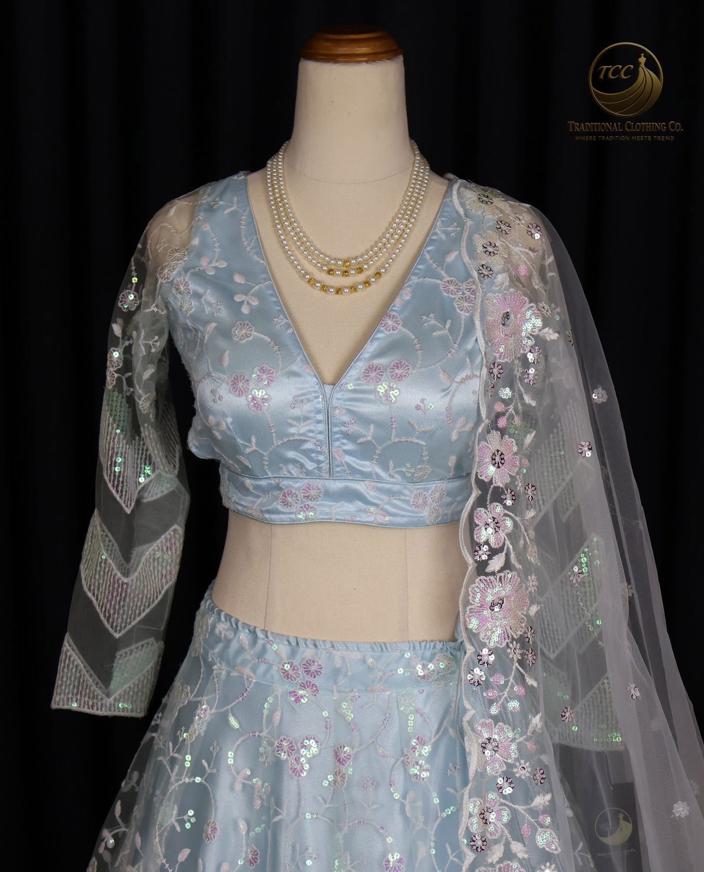 Light Blue Embroidered Lehenga Set – 3-Piece Festive Outfit with V-Neck Blouse & Sheer Dupatta