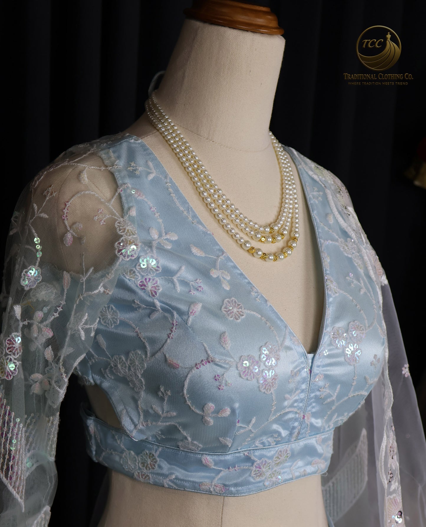 Light Blue Embroidered Lehenga Set – 3-Piece Festive Outfit with V-Neck Blouse & Sheer Dupatta