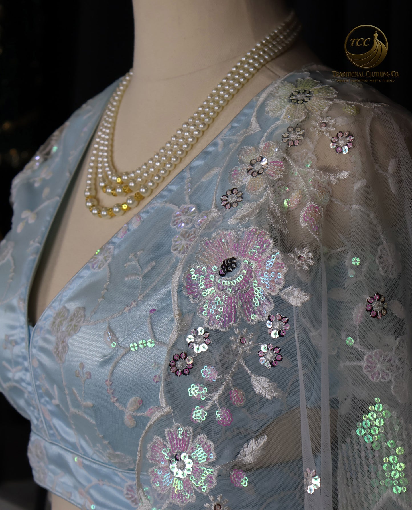 Light Blue Embroidered Lehenga Set – 3-Piece Festive Outfit with V-Neck Blouse & Sheer Dupatta