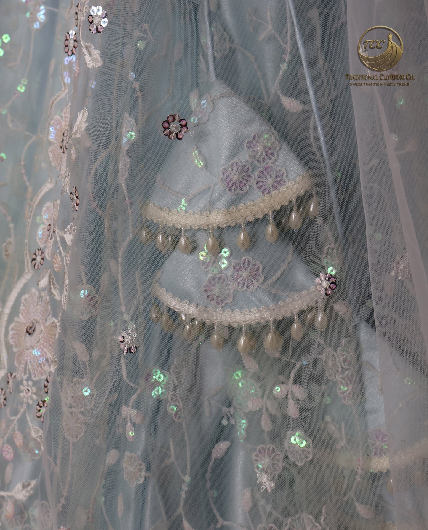 Light Blue Embroidered Lehenga Set – 3-Piece Festive Outfit with V-Neck Blouse & Sheer Dupatta