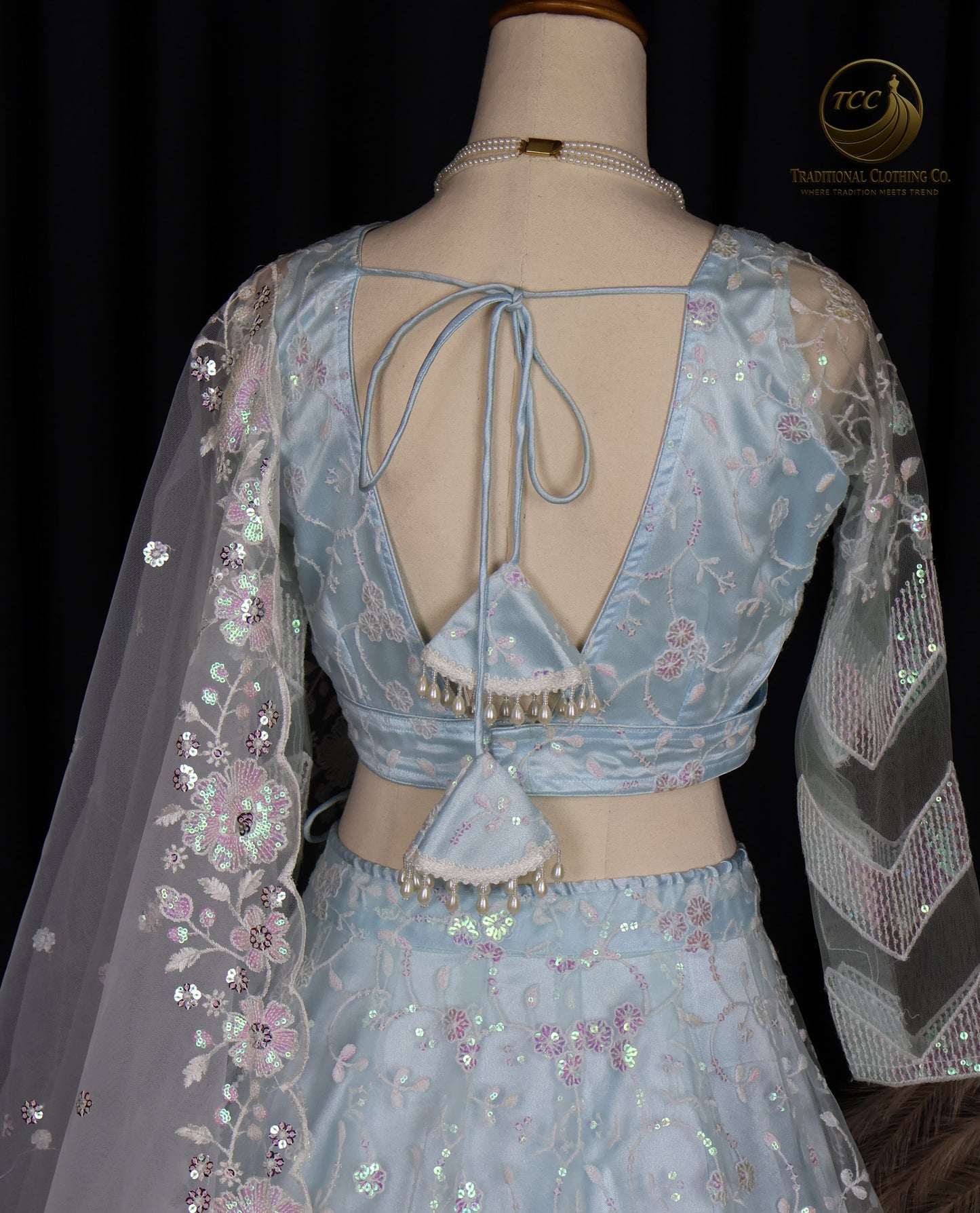 Light Blue Embroidered Lehenga Set – 3-Piece Festive Outfit with V-Neck Blouse & Sheer Dupatta
