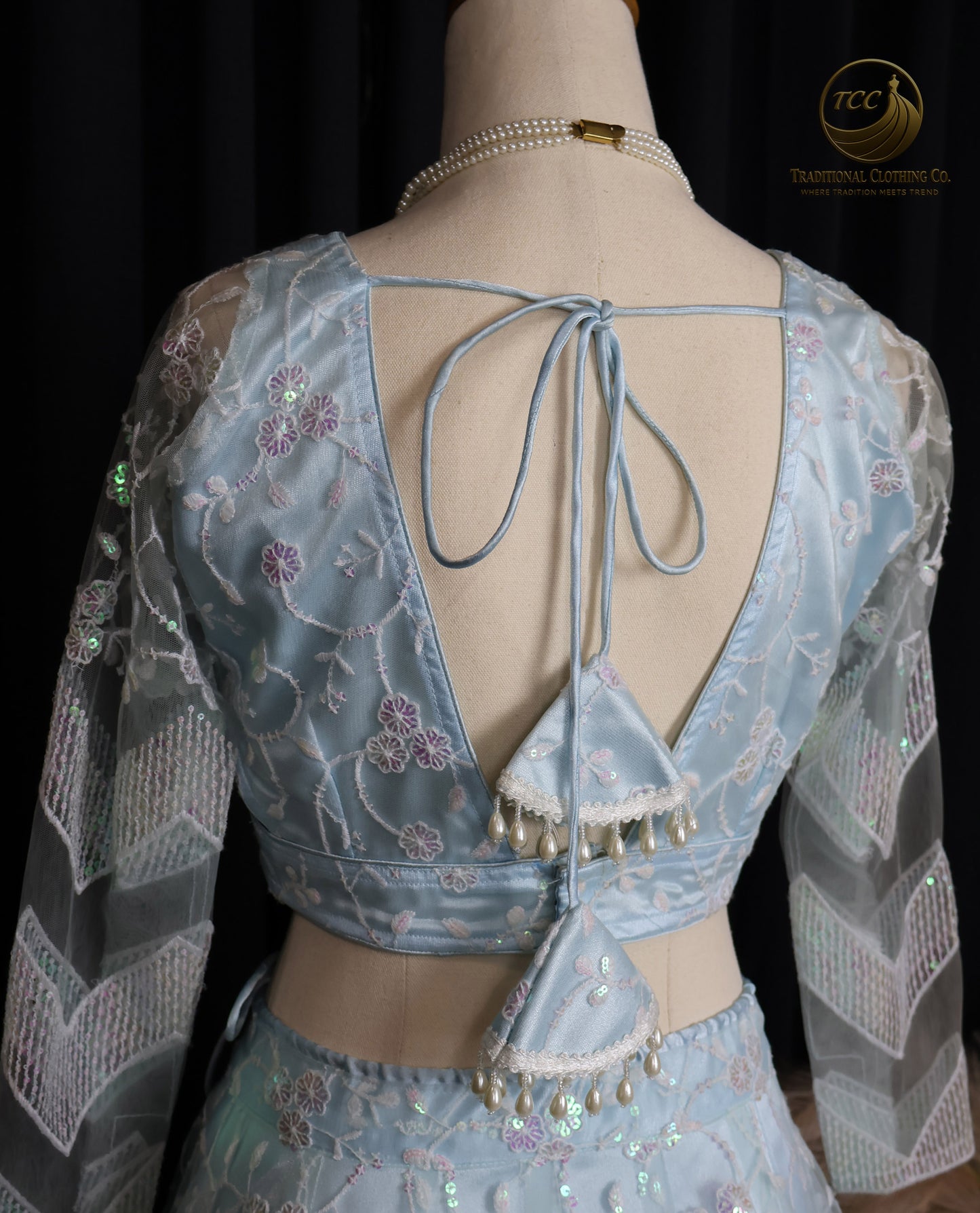 Light Blue Embroidered Lehenga Set – 3-Piece Festive Outfit with V-Neck Blouse & Sheer Dupatta