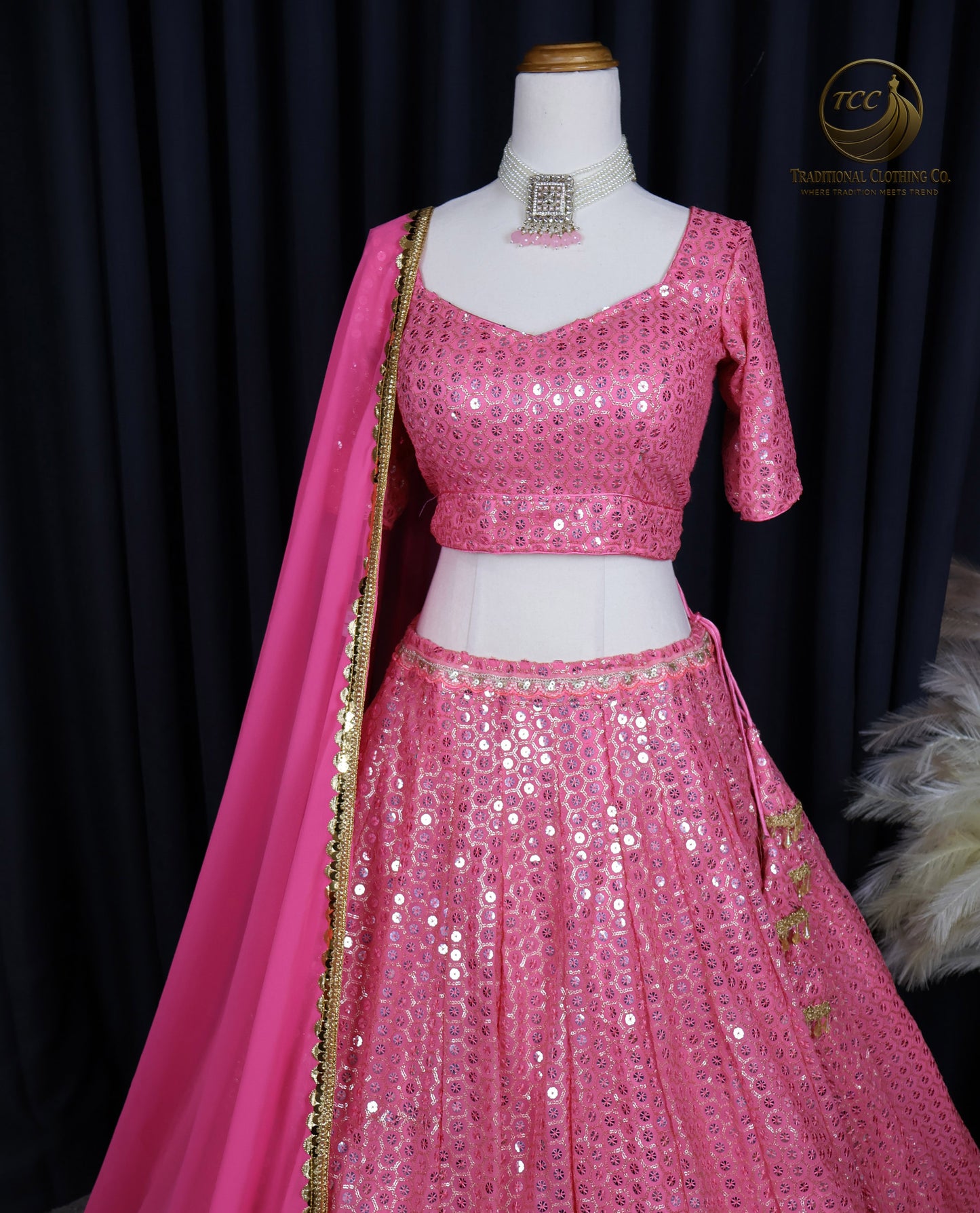 Stunning Light Coral Pink Embroidered Lehenga Choli with Crisscross Lace-Up Back & Sheer Dupatta – Festive & Traditional Wear