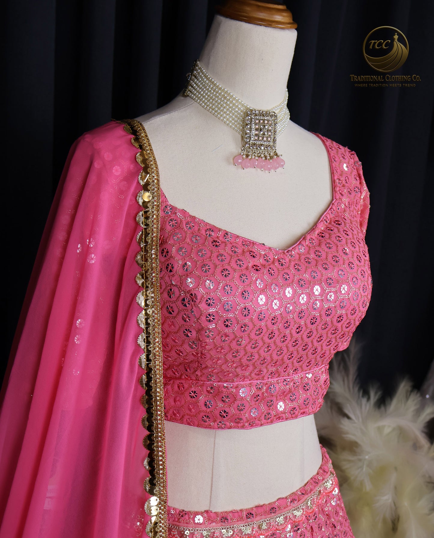 Stunning Light Coral Pink Embroidered Lehenga Choli with Crisscross Lace-Up Back & Sheer Dupatta – Festive & Traditional Wear