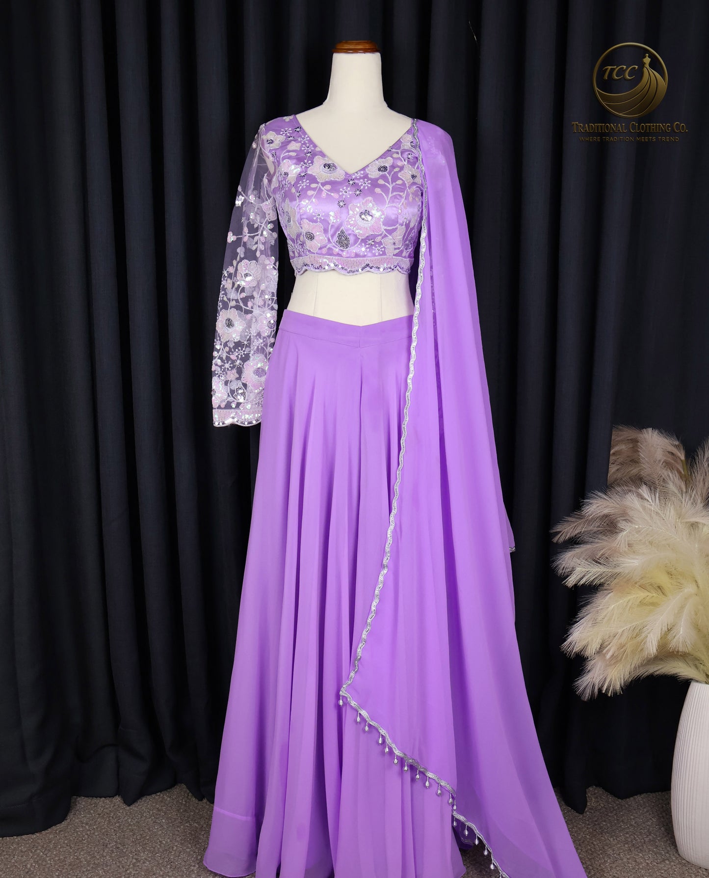 Elegant Lavender Embroidered Lehenga Style Sharara with Draped Shoulder & Sheer Dupatta – Festive & Traditional Wear