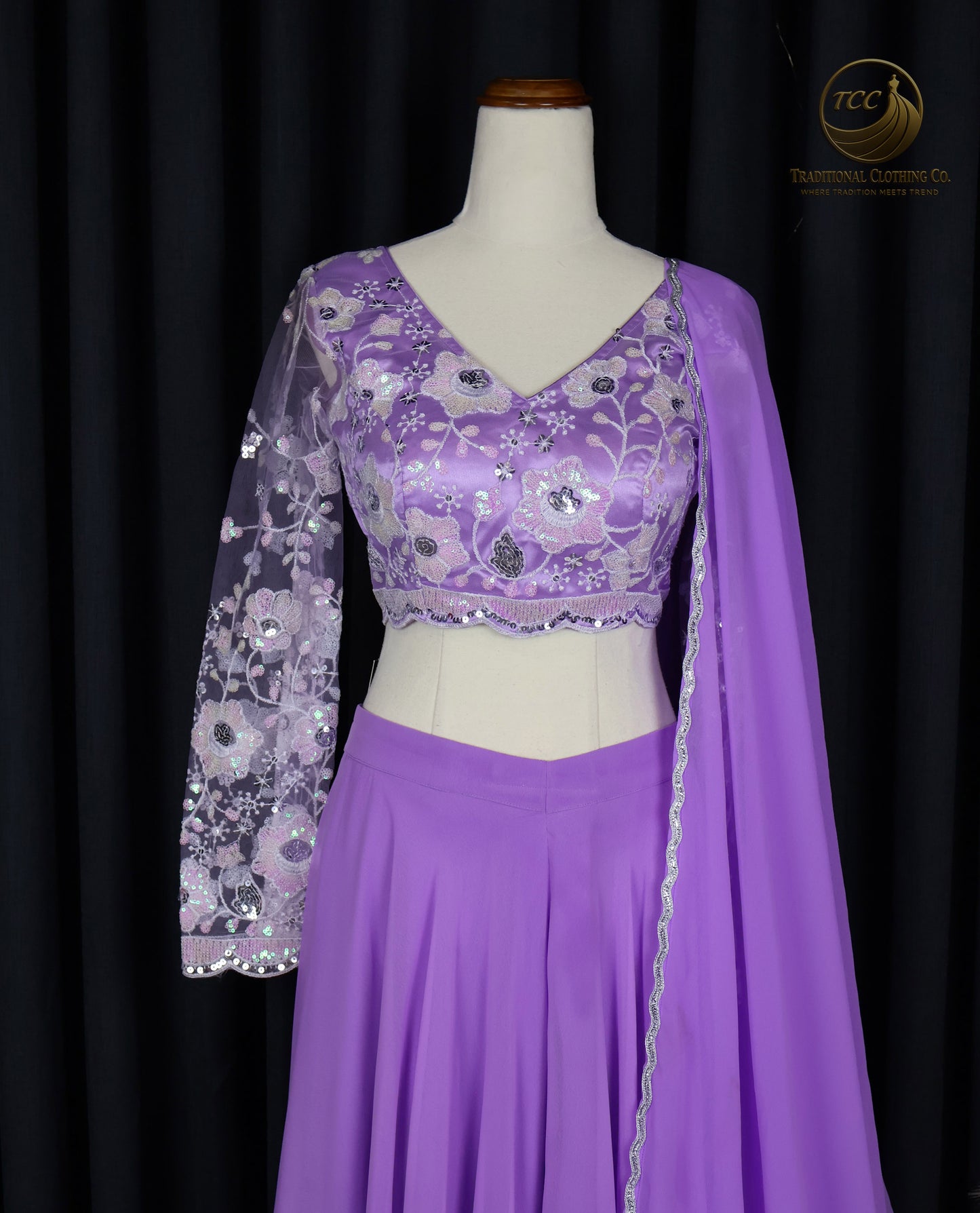 Elegant Lavender Embroidered Lehenga Style Sharara with Draped Shoulder & Sheer Dupatta – Festive & Traditional Wear