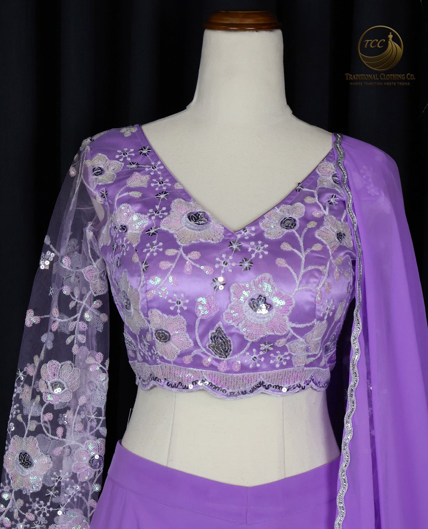 Elegant Lavender Embroidered Lehenga Style Sharara with Draped Shoulder & Sheer Dupatta – Festive & Traditional Wear