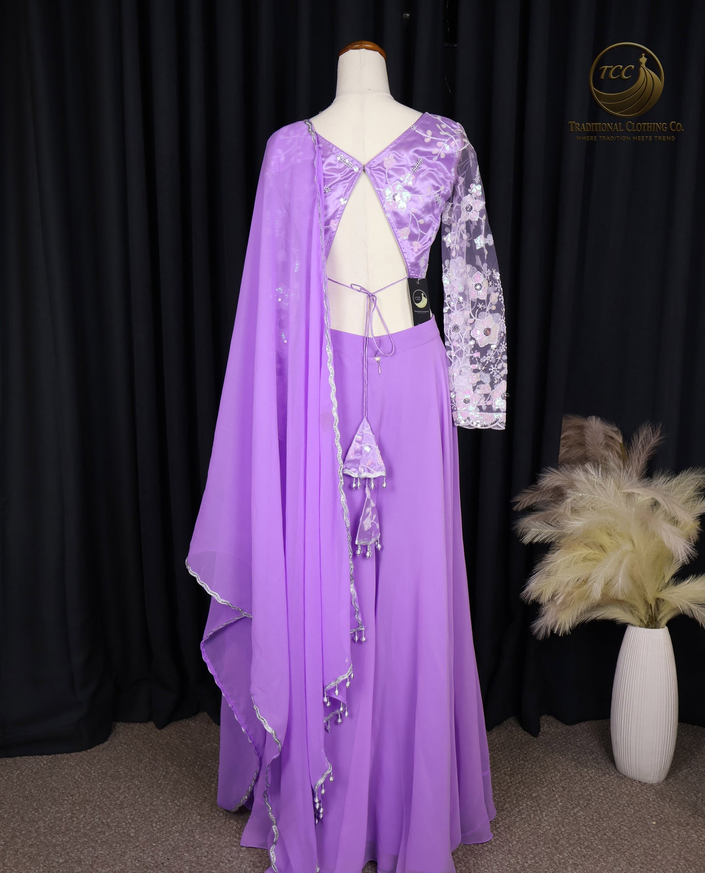 Elegant Lavender Embroidered Lehenga Style Sharara with Draped Shoulder & Sheer Dupatta – Festive & Traditional Wear